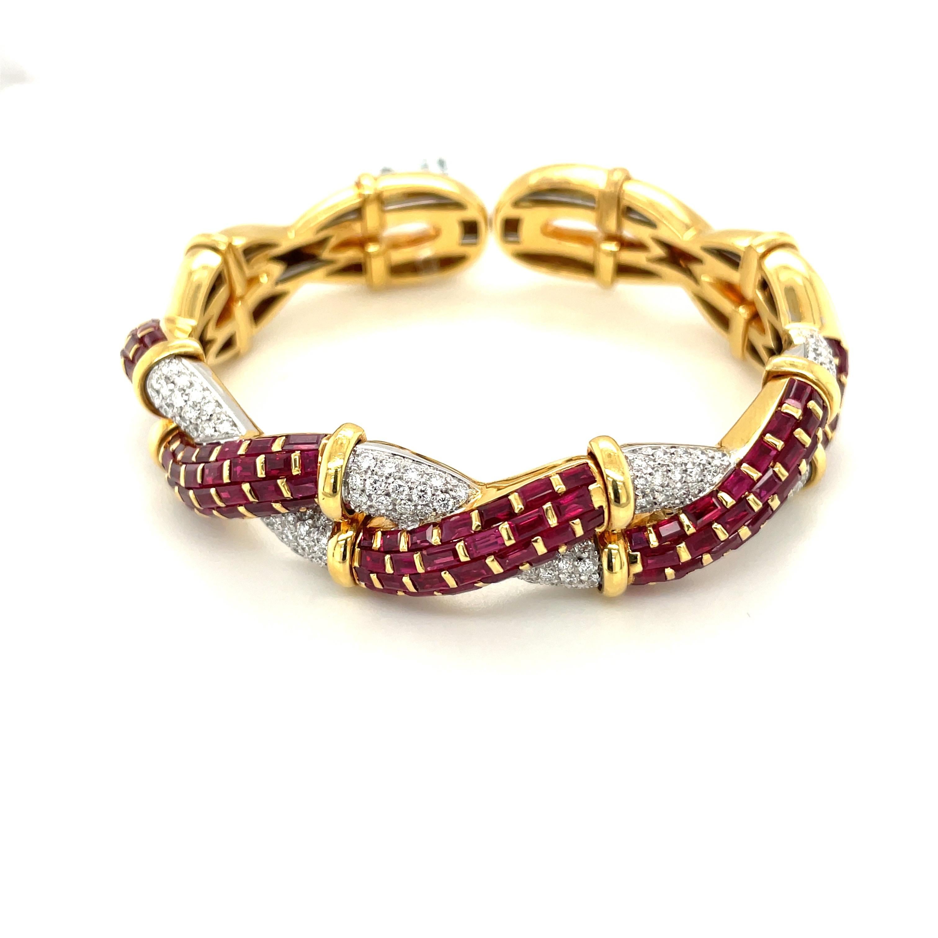 Baguette Cut R.C.M. 18KT Yellow Gold 13.39Ct Ruby 1.70Ct Diamond Braided Cuff Bracelet For Sale