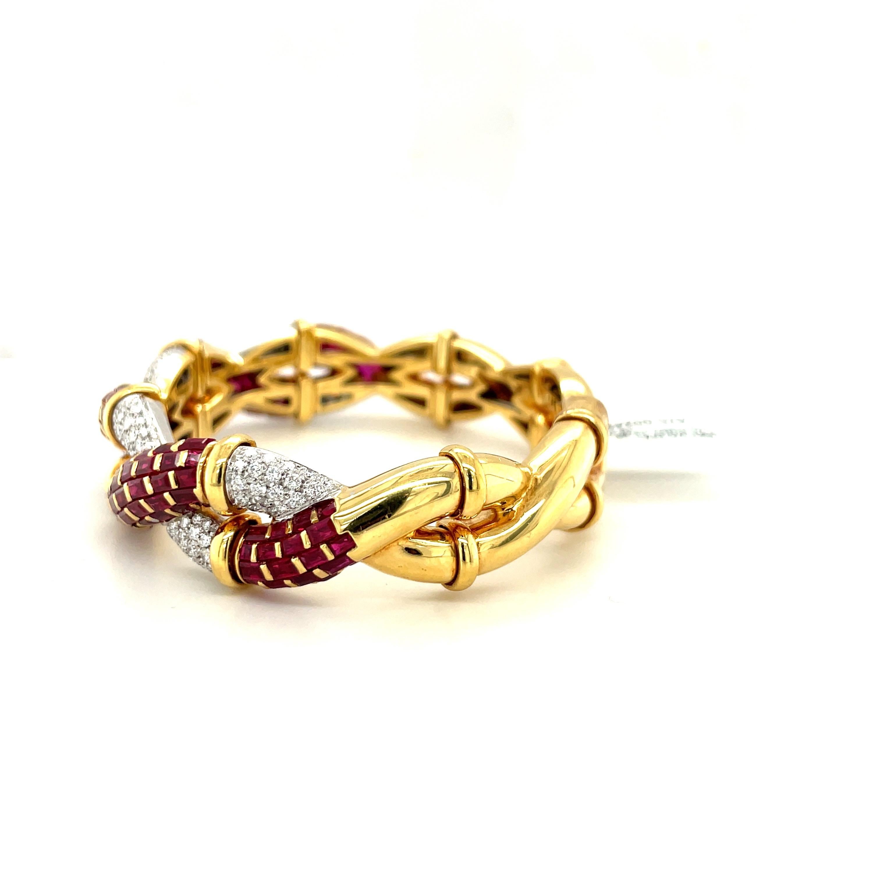 R.C.M. 18KT Yellow Gold 13.39Ct Ruby 1.70Ct Diamond Braided Cuff Bracelet In New Condition For Sale In New York, NY