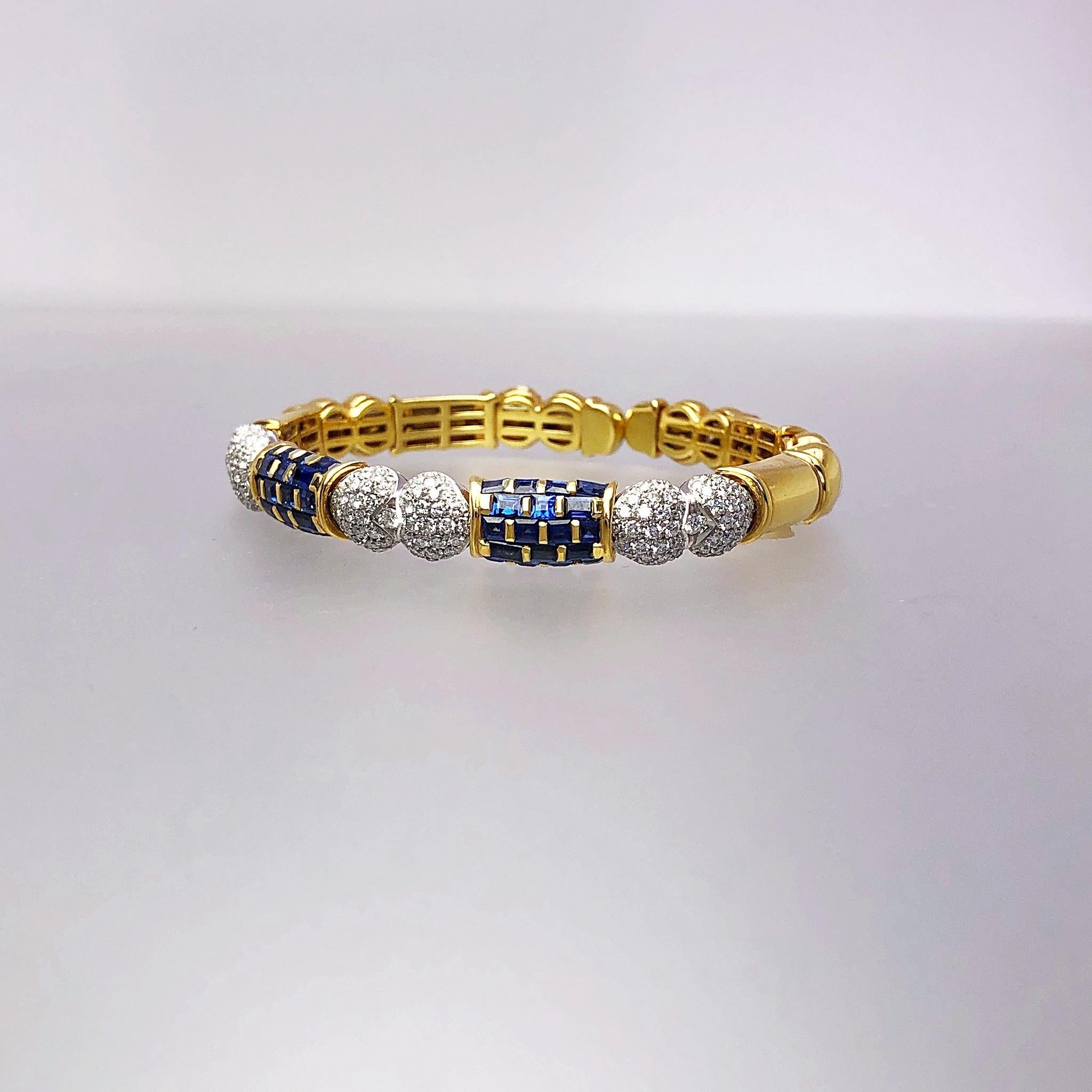 Founded in 1969 in Valenza, Italy RCM is well known for their classic designs in modern appeal.
This bracelet is a perfect example of their unique styling.
The 18 karat yellow gold flexible bracelet is designed with 2 sections which have been