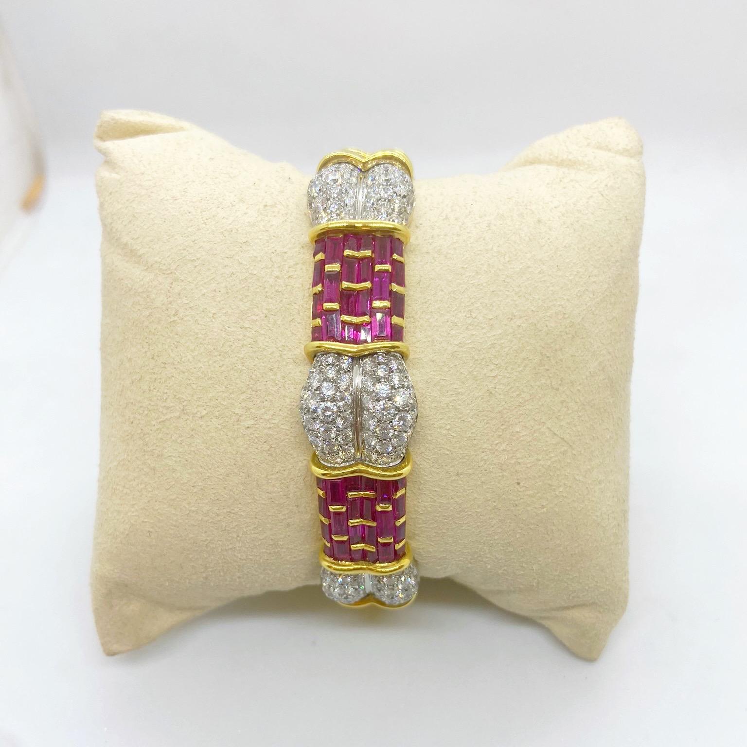 Modern R.C.M. 18 Karat Yellow Gold 5.75 Carat Ruby and Diamond Bracelet For Sale