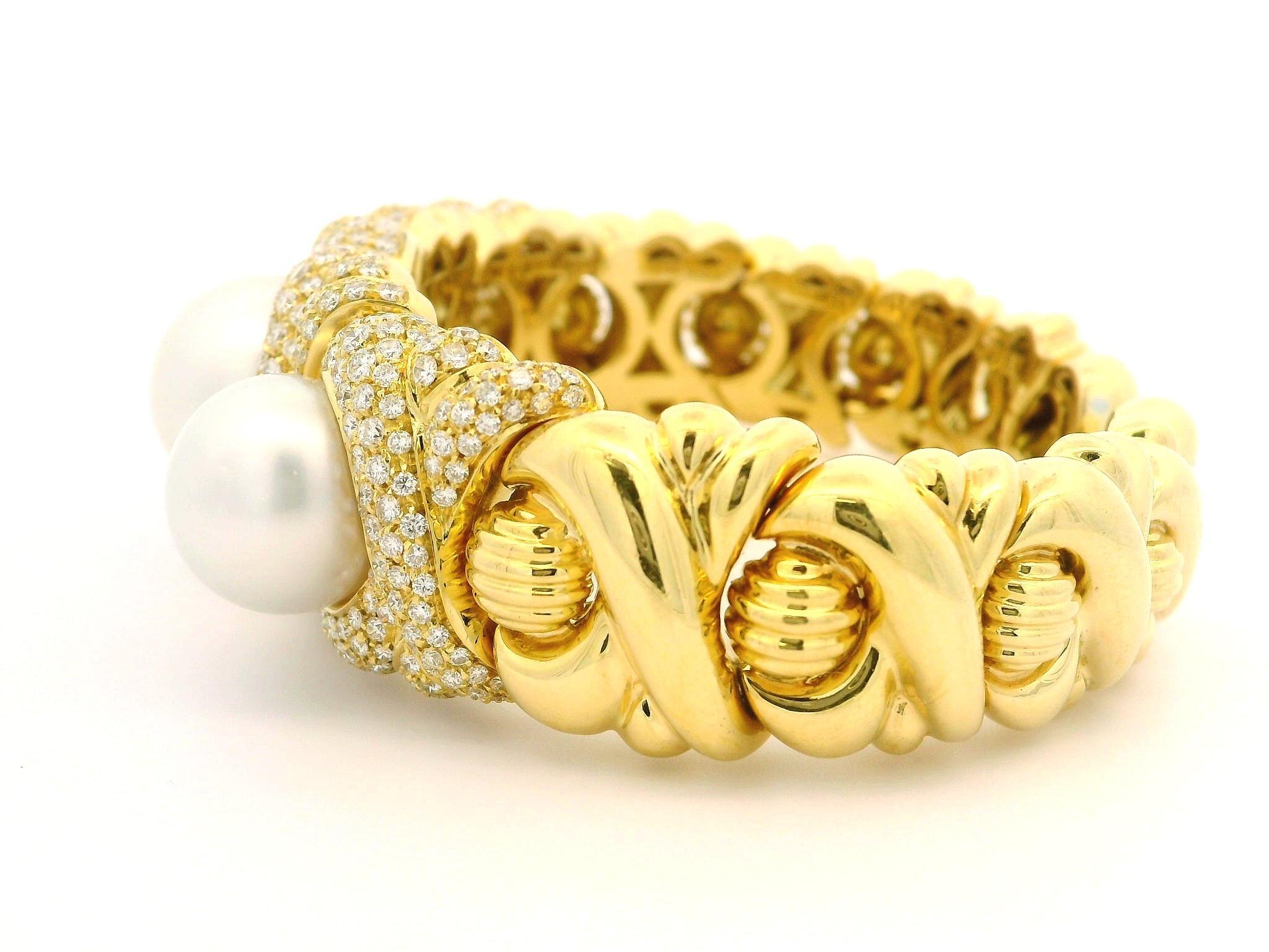 RCM Gioielli Pulsera Brazalete Flexible Oro 18k Diamante 5,4ctw 3 Perlas Mar del Sur en venta 5