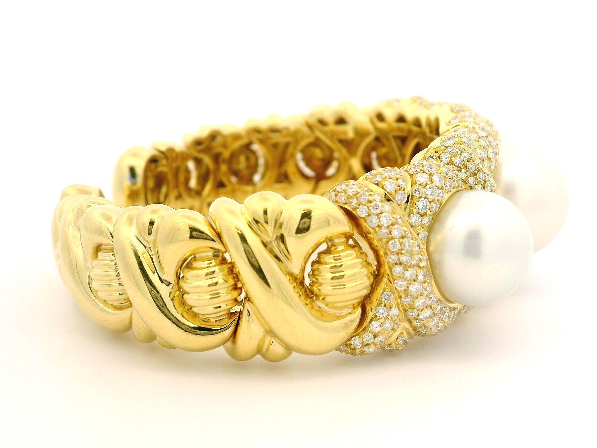 RCM Gioielli Pulsera Brazalete Flexible Oro 18k Diamante 5,4ctw 3 Perlas Mar del Sur en venta 10