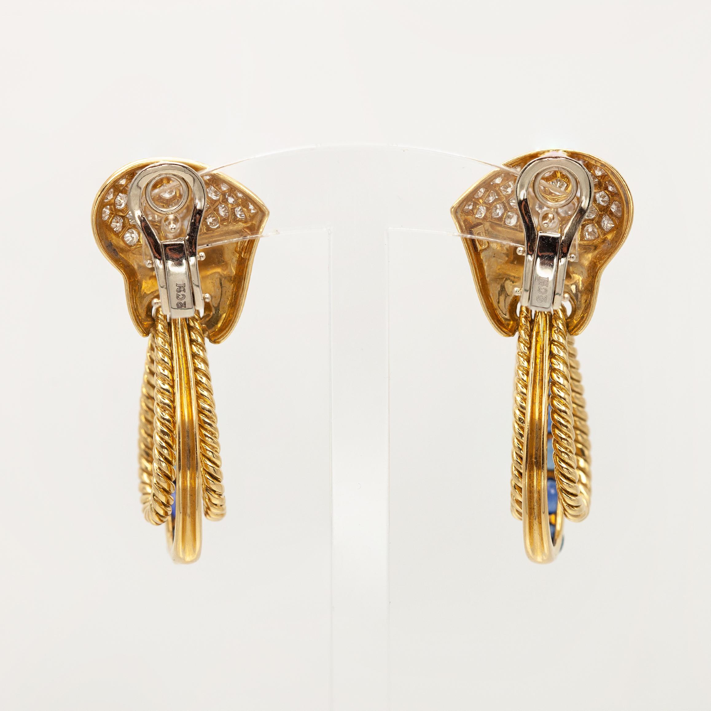 RCM Boucles d'oreilles saphir et diamant en or jaune 18 carats en vente 1