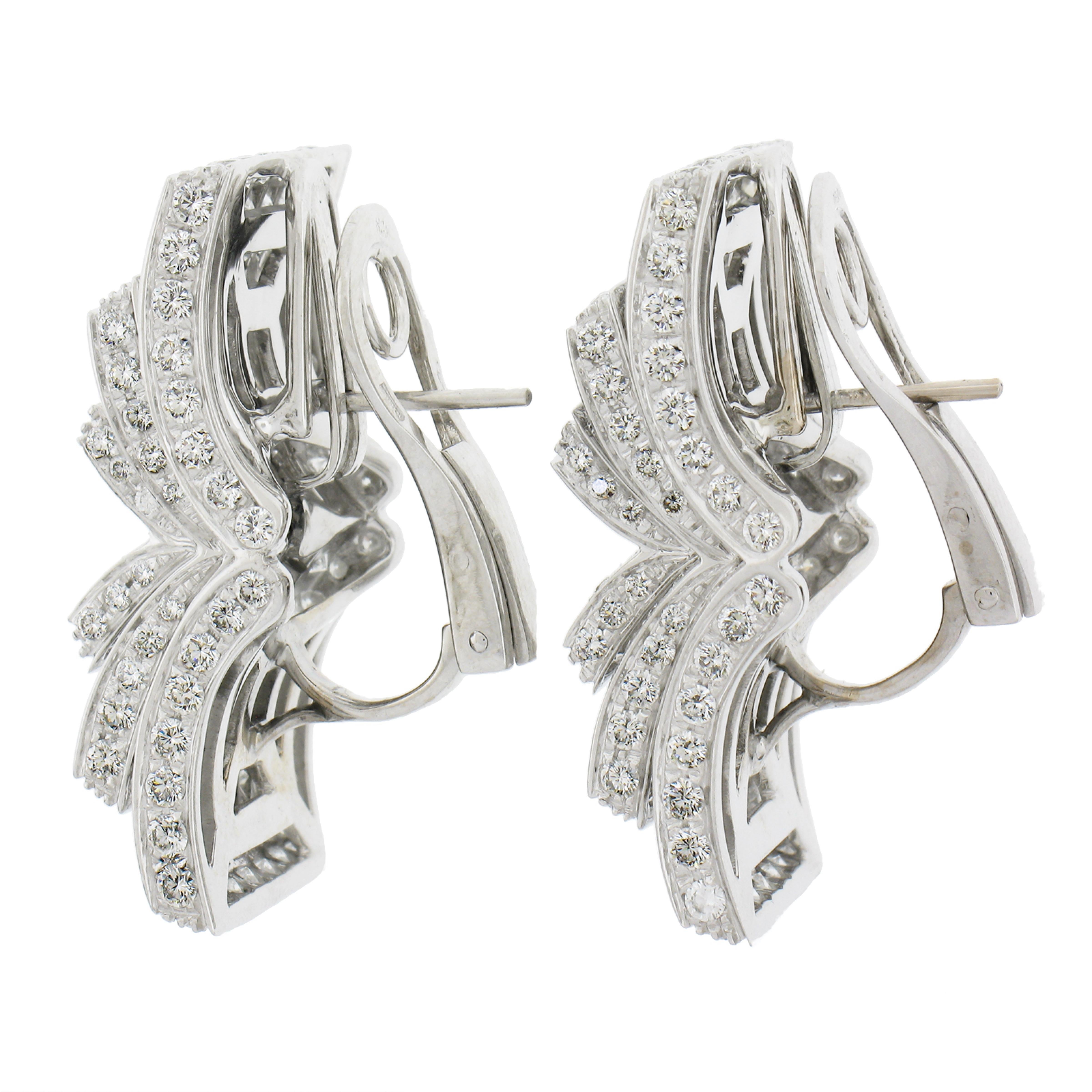 Round Cut RCM Italian 18K White Gold 8ctw Fiery Diamond Large Open Book Omega Earrings For Sale