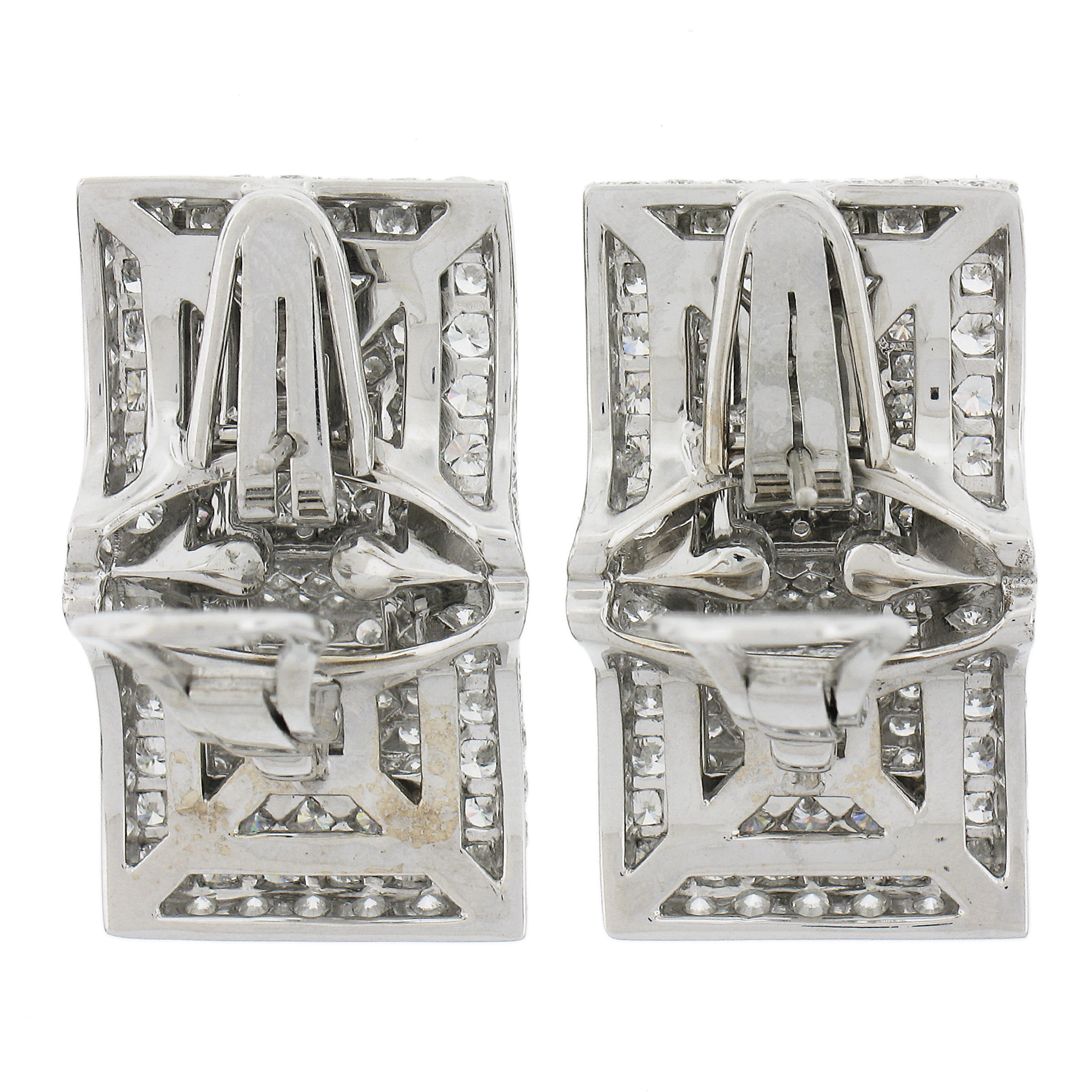 RCM Italian 18K White Gold 8ctw Fiery Diamond Large Open Book Omega Earrings For Sale 1