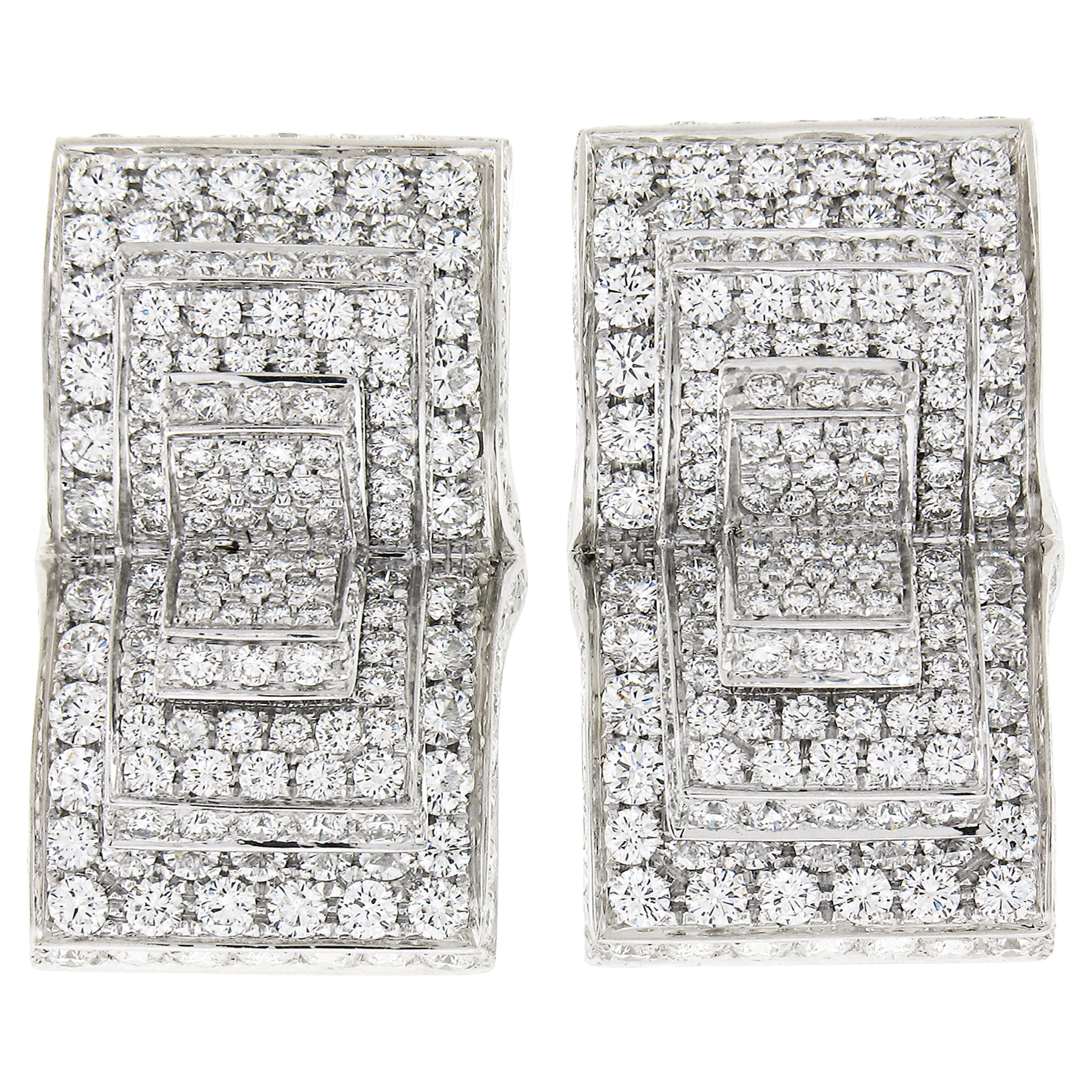 RCM Italian 18K White Gold 8ctw Fiery Diamond Large Open Book Omega Earrings For Sale
