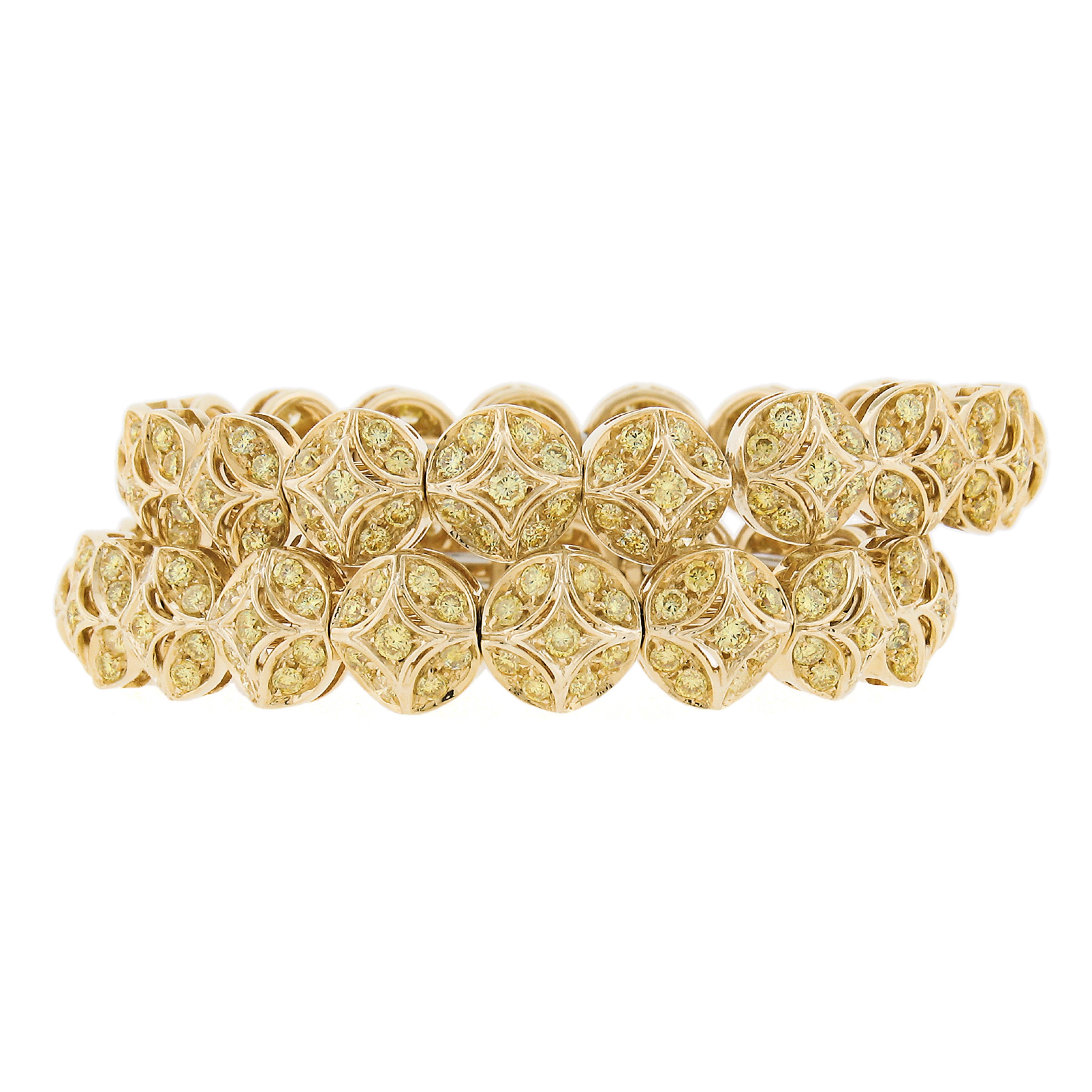 RCM Pair 18k Gold 12ctw GIA Fancy Yellow Diamond Flexible Cuff Bangle Bracelets In Excellent Condition For Sale In Montclair, NJ