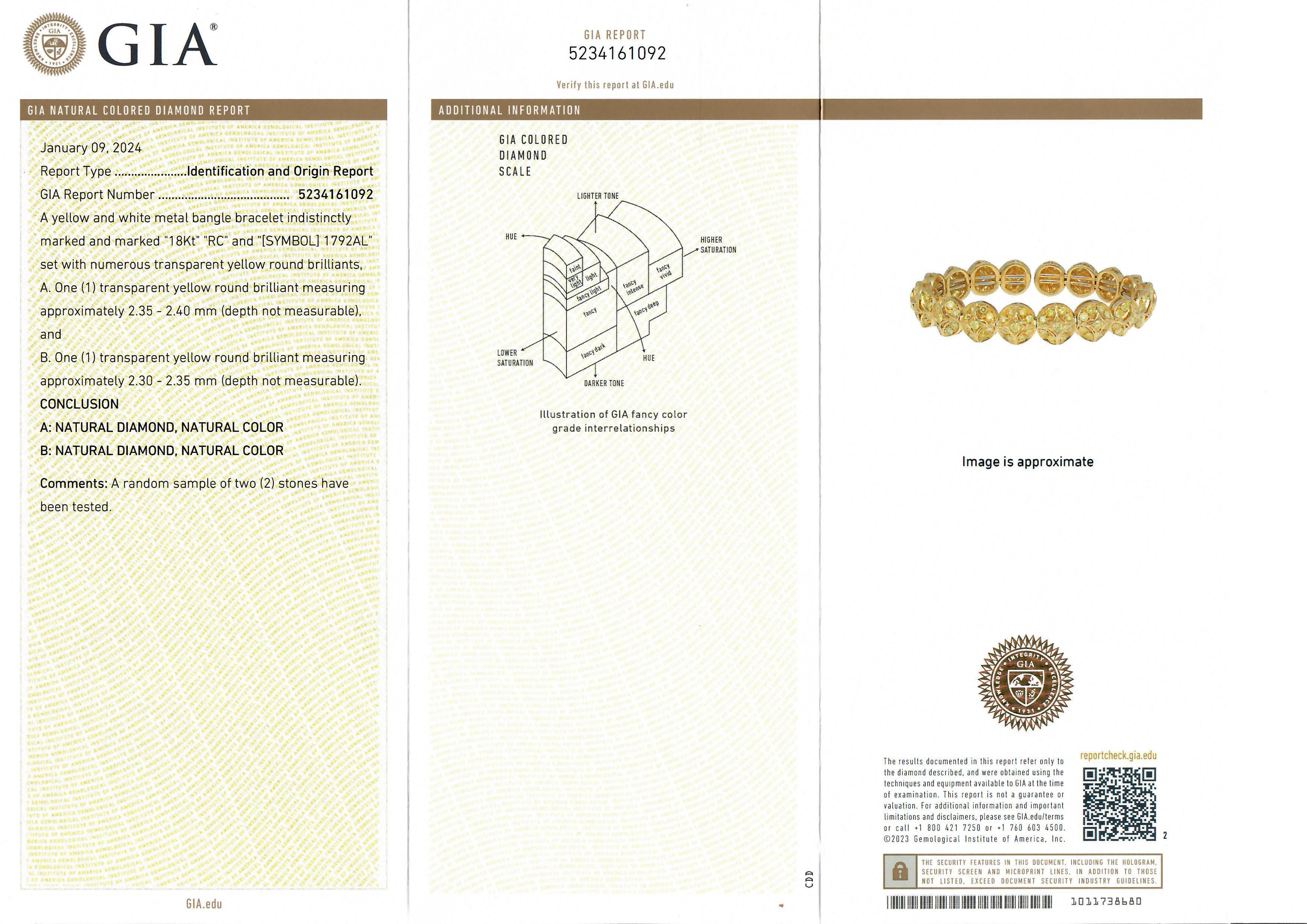 RCM Pair 18k Gold 12ctw GIA Fancy Yellow Diamond Flexible Cuff Bangle Bracelets For Sale 3