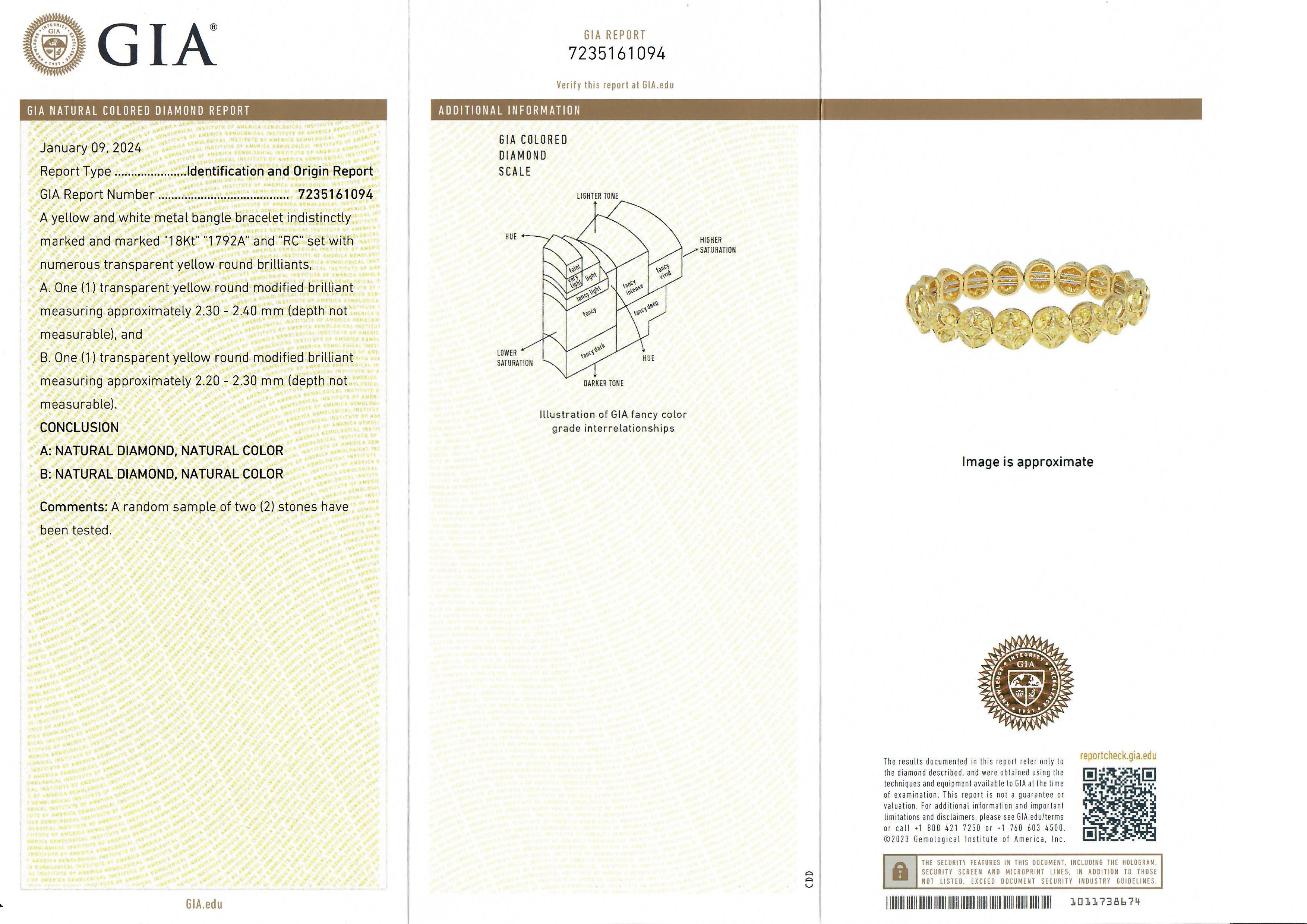 RCM Pair 18k Gold 12ctw GIA Fancy Yellow Diamond Flexible Cuff Bangle Bracelets For Sale 4