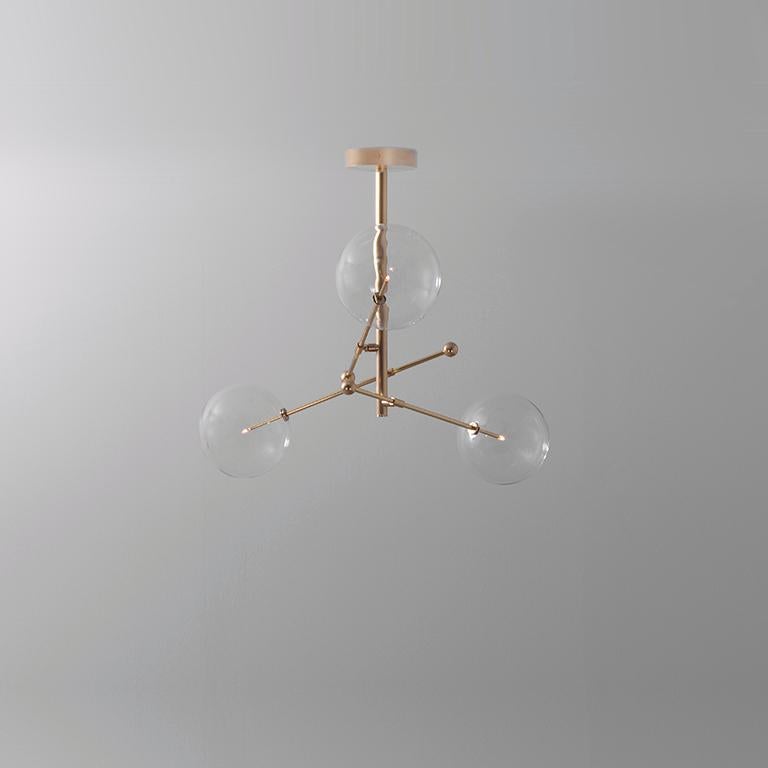 RD15 3 Arms Chandelier by Schwung
Dimensions: W 99 x D 99 x H 53 cm
Materials: Solid brass, hand blown glass globes
Lamp: 3 LED 1,6W

Extension Rods: 1 x 15.24, 1 x 27.9 cm, 1 x 43.2 cm
max wattage 20W / 1.6W
bulb base G4, 12V AC
lumens