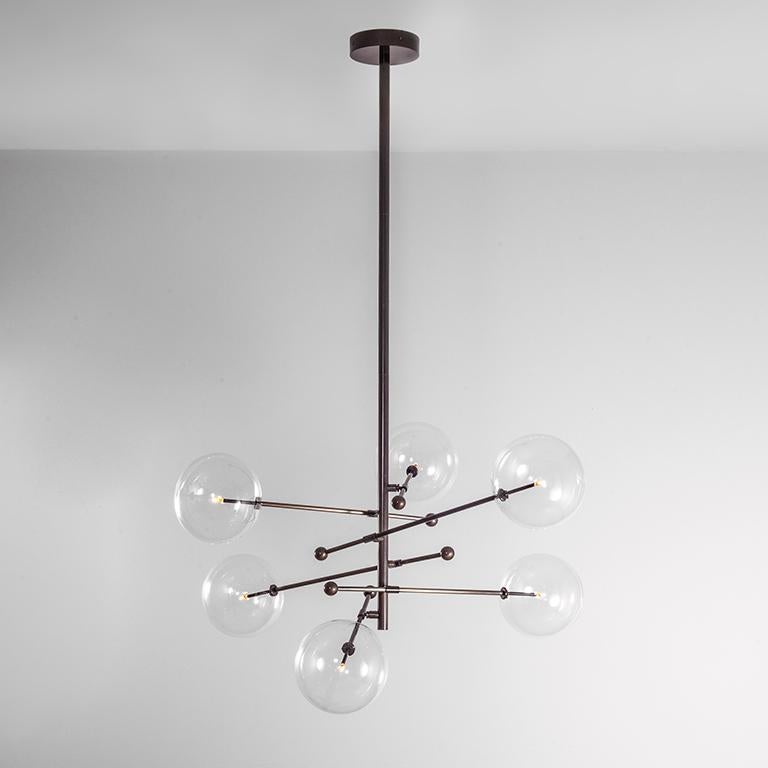 RD15 6 Arms Black Gunmetal chandelier by Schwung
Dimensions: diameter 139 x height 165.1 cm 
Materials: solid brass, hand-blown glass globes
Finish: black gunmetal. 
Also available in finishes: natural brass or polished nickel.
All our lamps
