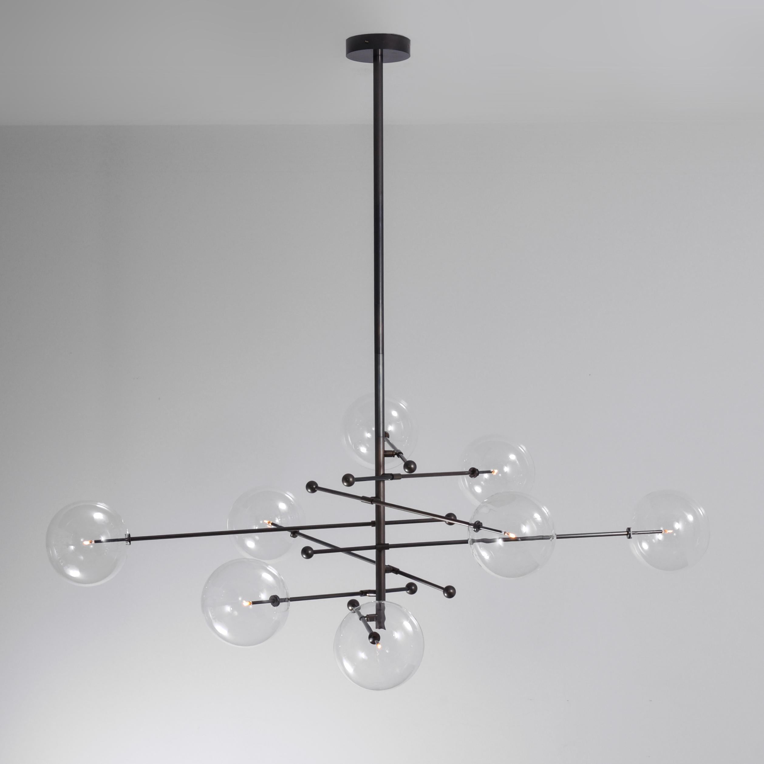 RD15 8 Arms Black Gunmetal Chandelier by Schwung
Dimensions: Diameter 200.3 x H 180 cm 
Materials: Solid brass, hand-blown glass globes
Finish: Black Gunmetal. 
Also available in finishes: Natural Brass or Polished Nickel. 
All our lamps can be