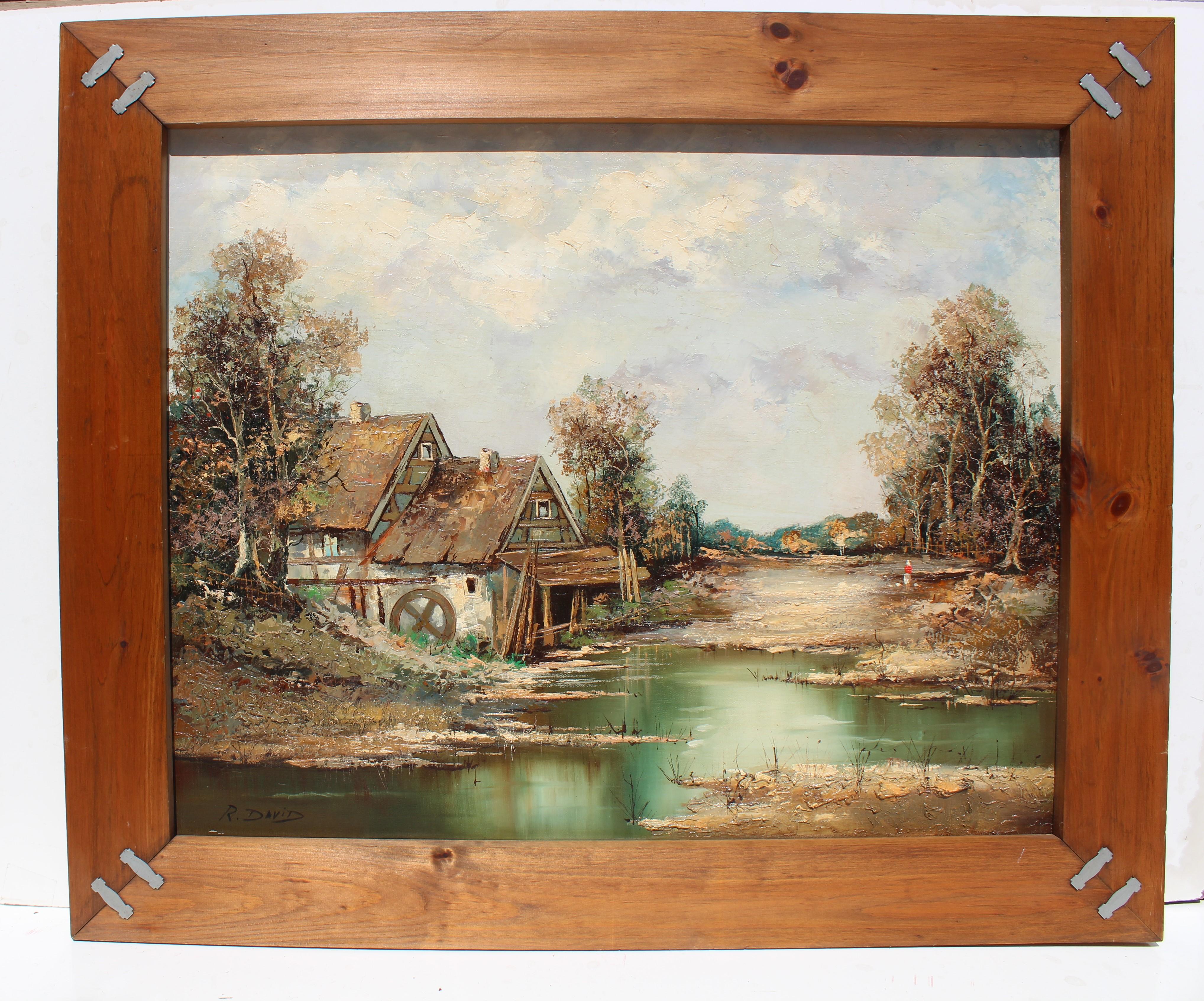 Vintage-Ölgemälde auf Leinwand, ländliche Landschaft, signiert R.David, gerahmt im Angebot 1