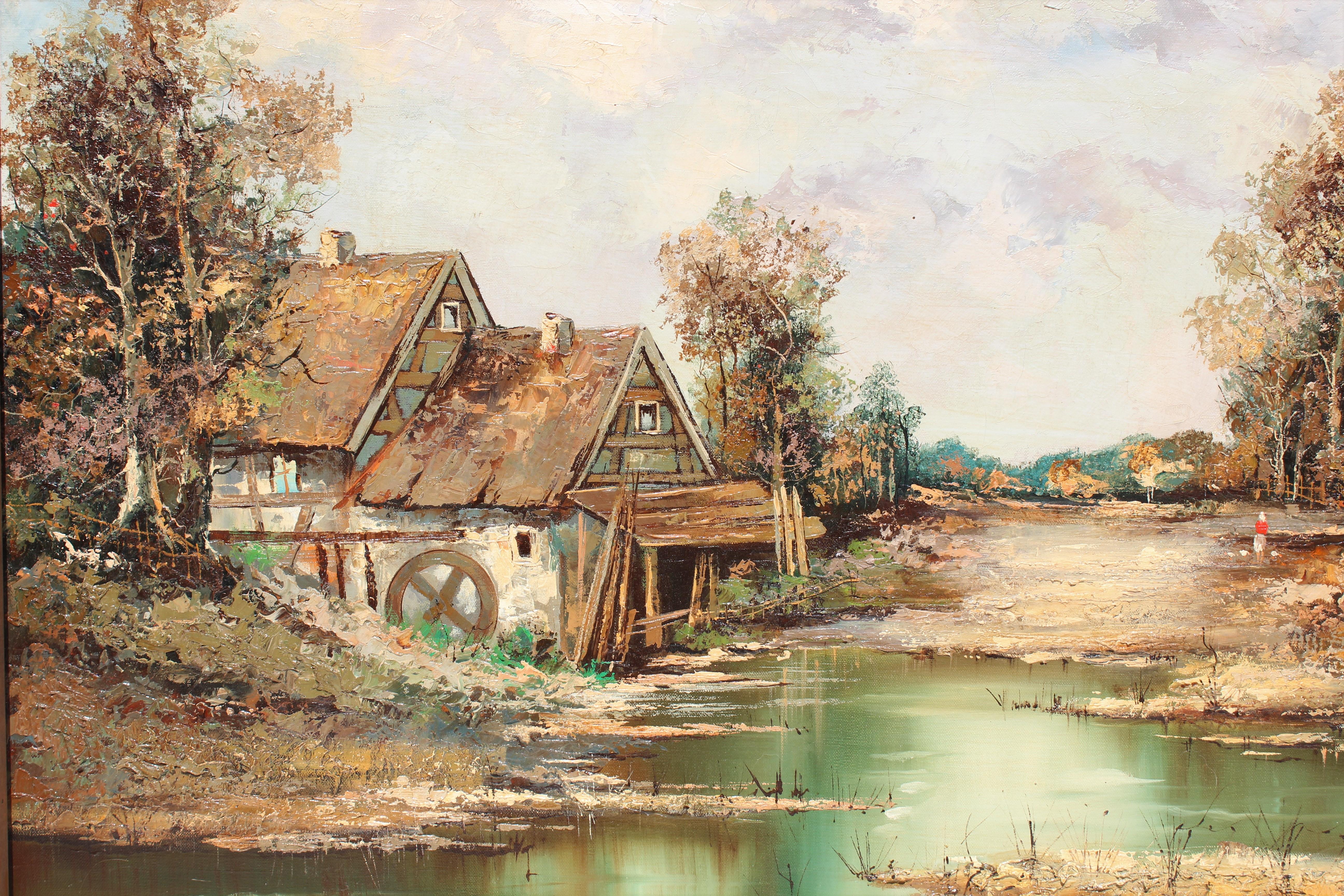Vintage-Ölgemälde auf Leinwand, ländliche Landschaft, signiert R.David, gerahmt im Angebot 2