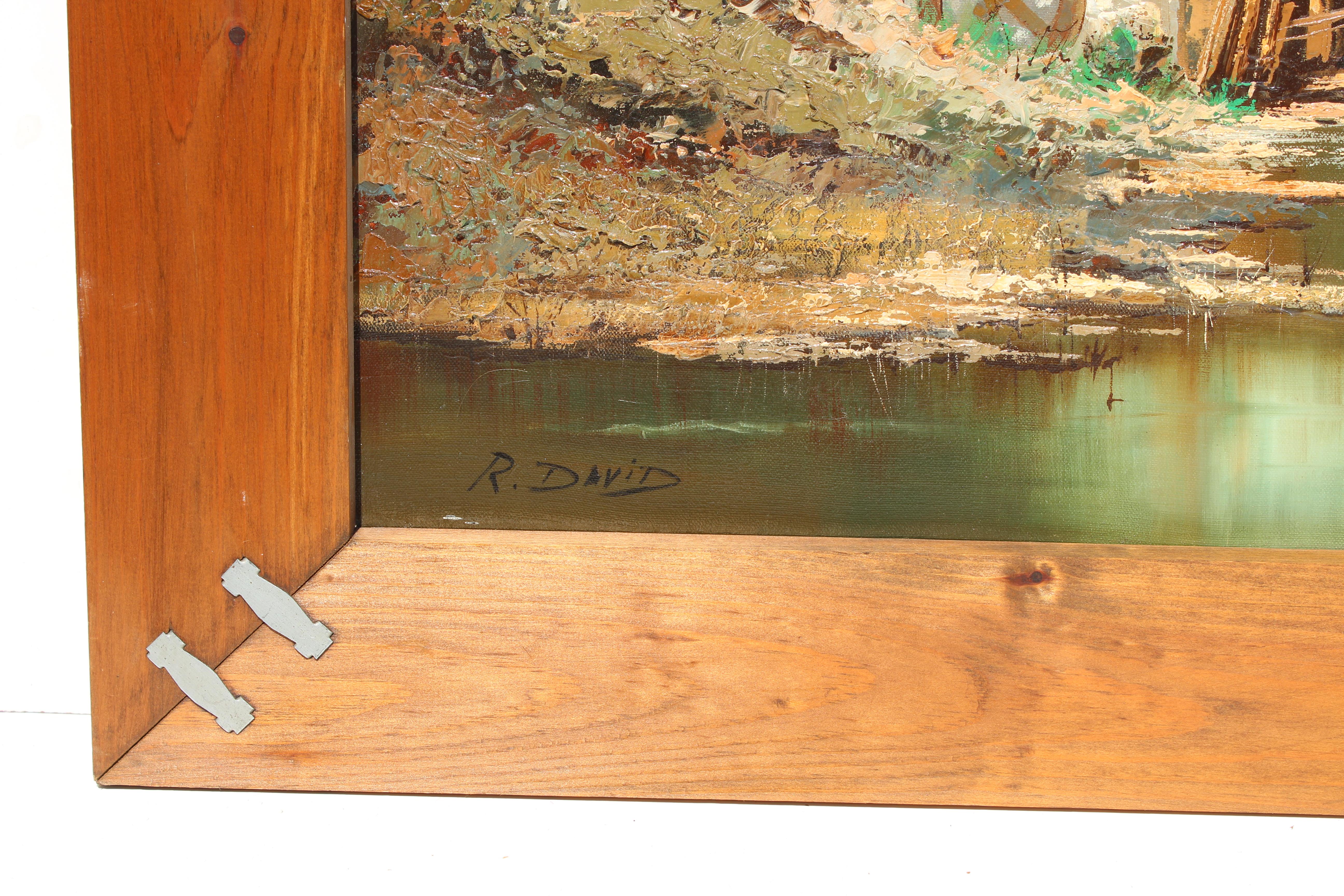 Vintage-Ölgemälde auf Leinwand, ländliche Landschaft, signiert R.David, gerahmt im Angebot 3