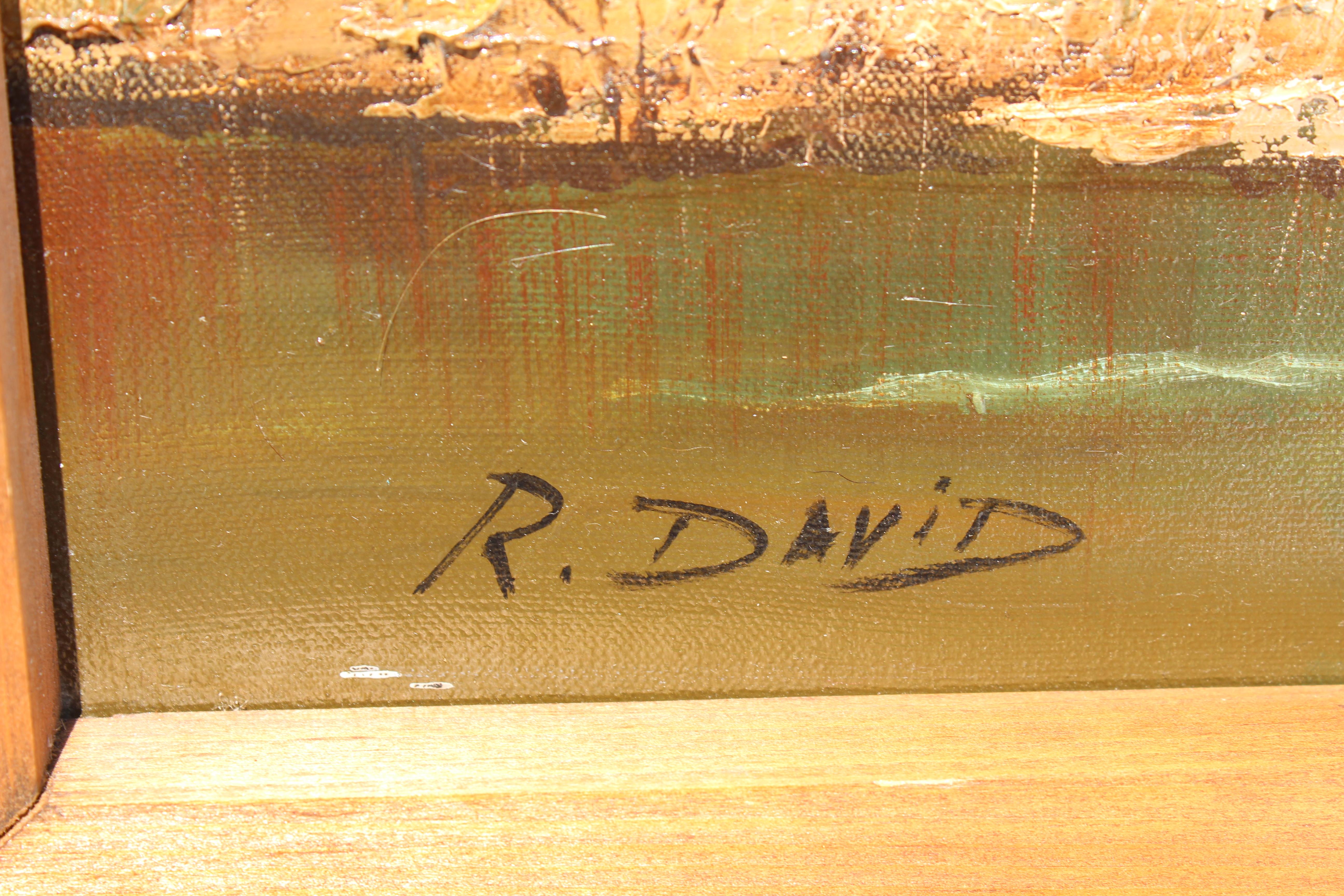 Vintage-Ölgemälde auf Leinwand, ländliche Landschaft, signiert R.David, gerahmt im Angebot 7