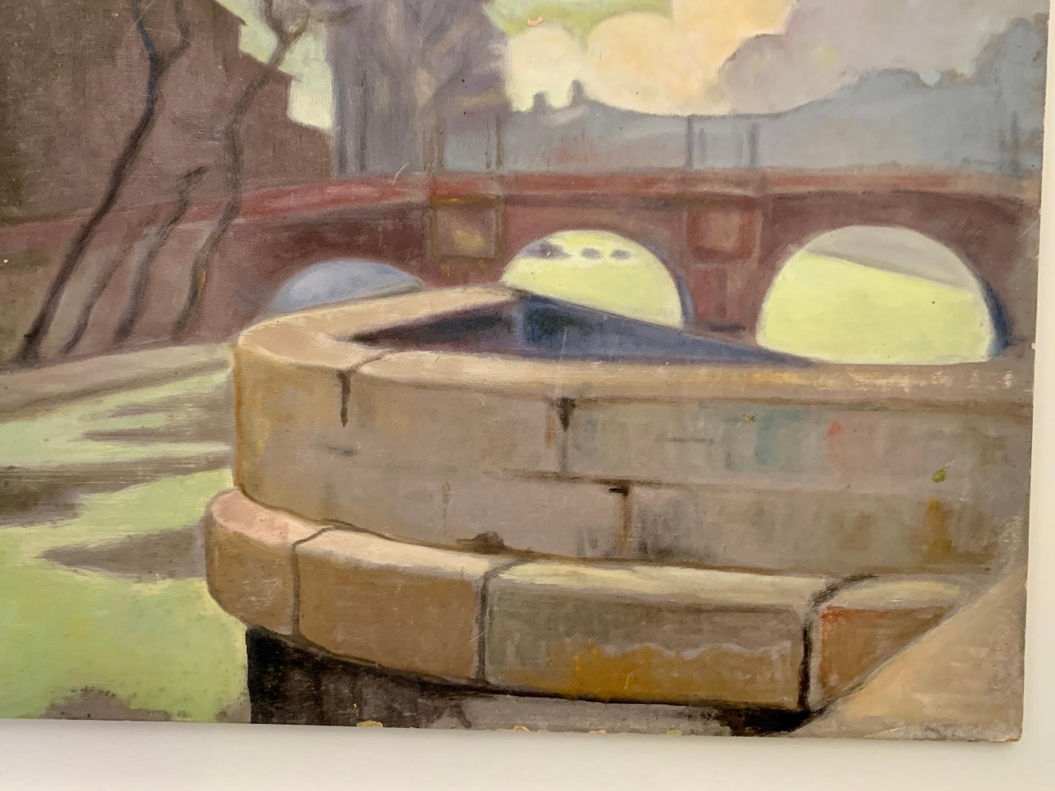 Ausgezeichnetes Ölgemälde der Pariser Schule aus der Mitte des 20. Jahrhunderts, das eine Szene am Ufer der Seine in Paris, Frankreich, zeigt.

Der Maler war um die Mitte des 20. Jahrhunderts tätig und malte Landschaften, Porträts und Stadtszenen.