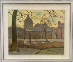 French Mid century Impressionist, City view with Cathedral in Paris, France