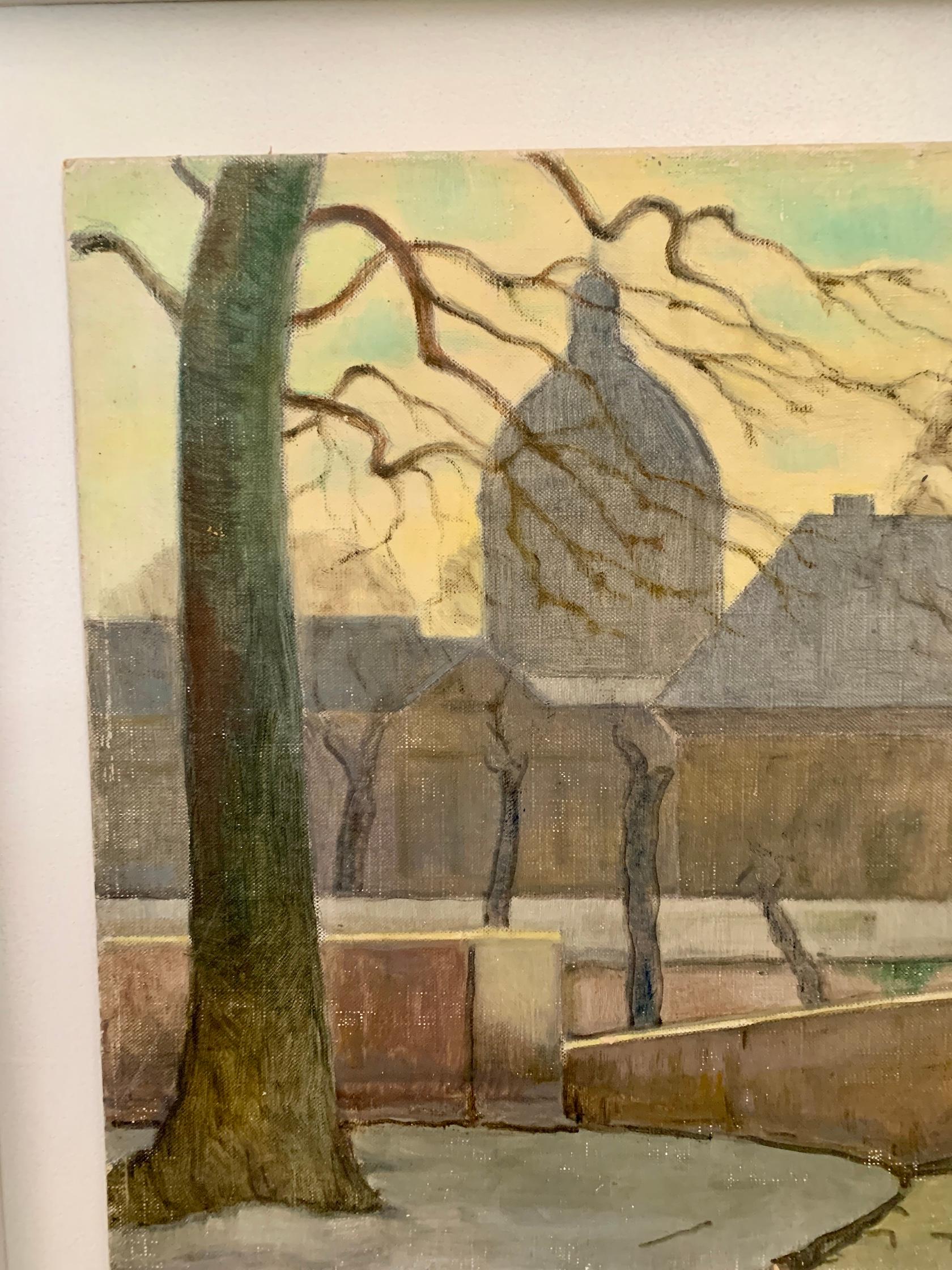 Französischer Impressionist aus der Mitte des Jahrhunderts, Stadtansicht mit Kathedrale in Paris, Frankreich (Impressionismus), Painting, von R.Debray