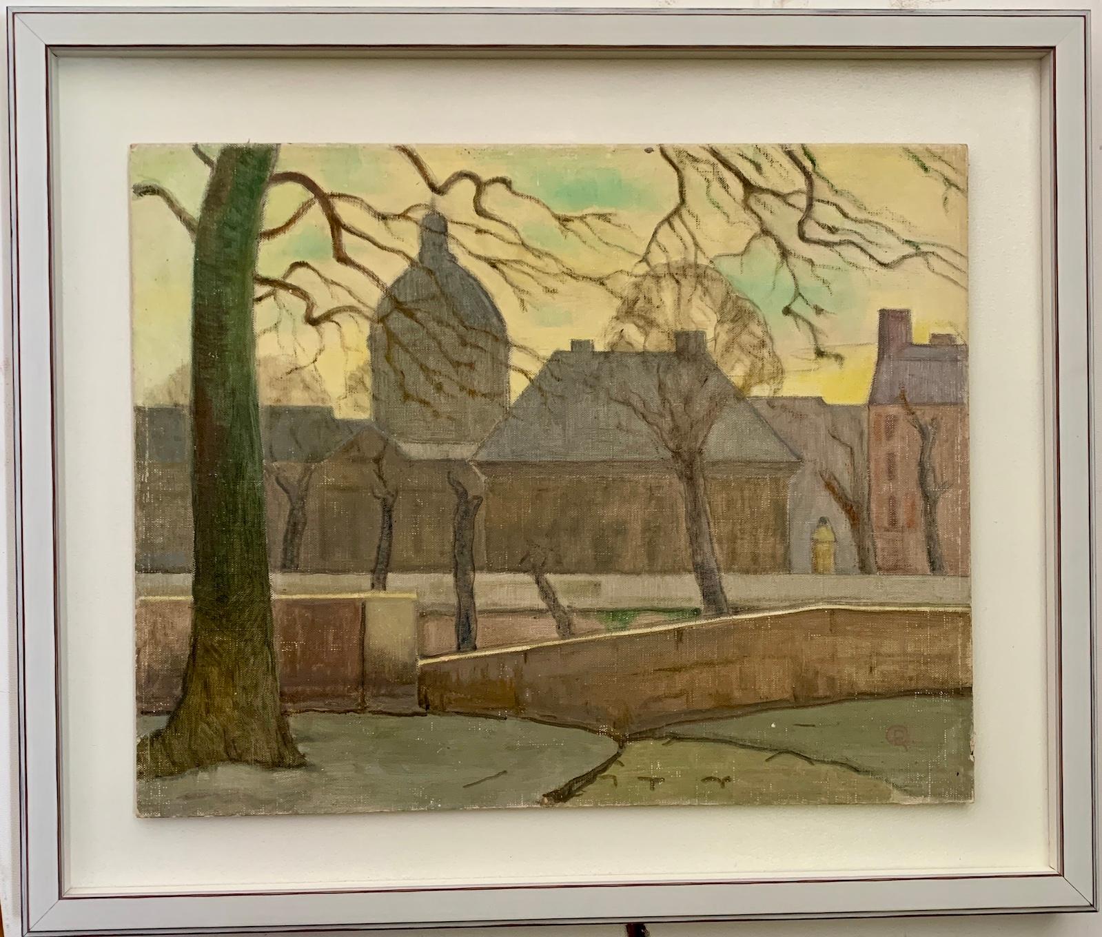 French Mid century Impressionist, City view with Cathedral in Paris, France