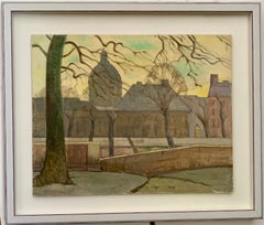 Vintage French Mid century Impressionist, City view with Cathedral in Paris, France