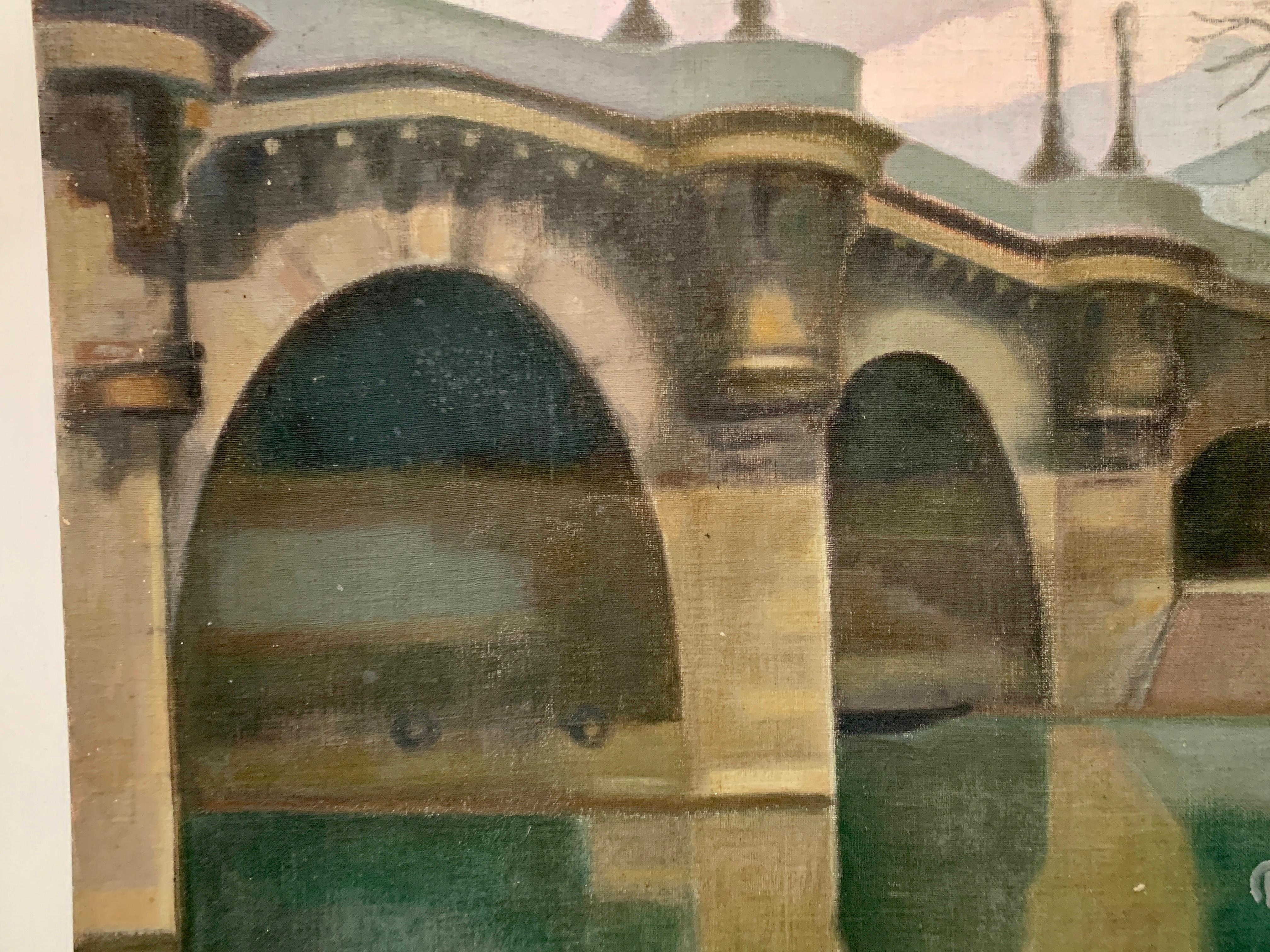 Mid 20th century Impressionist,  A Bridge on the Seine in Paris, Le Pony Neuf - Painting by R.Debray