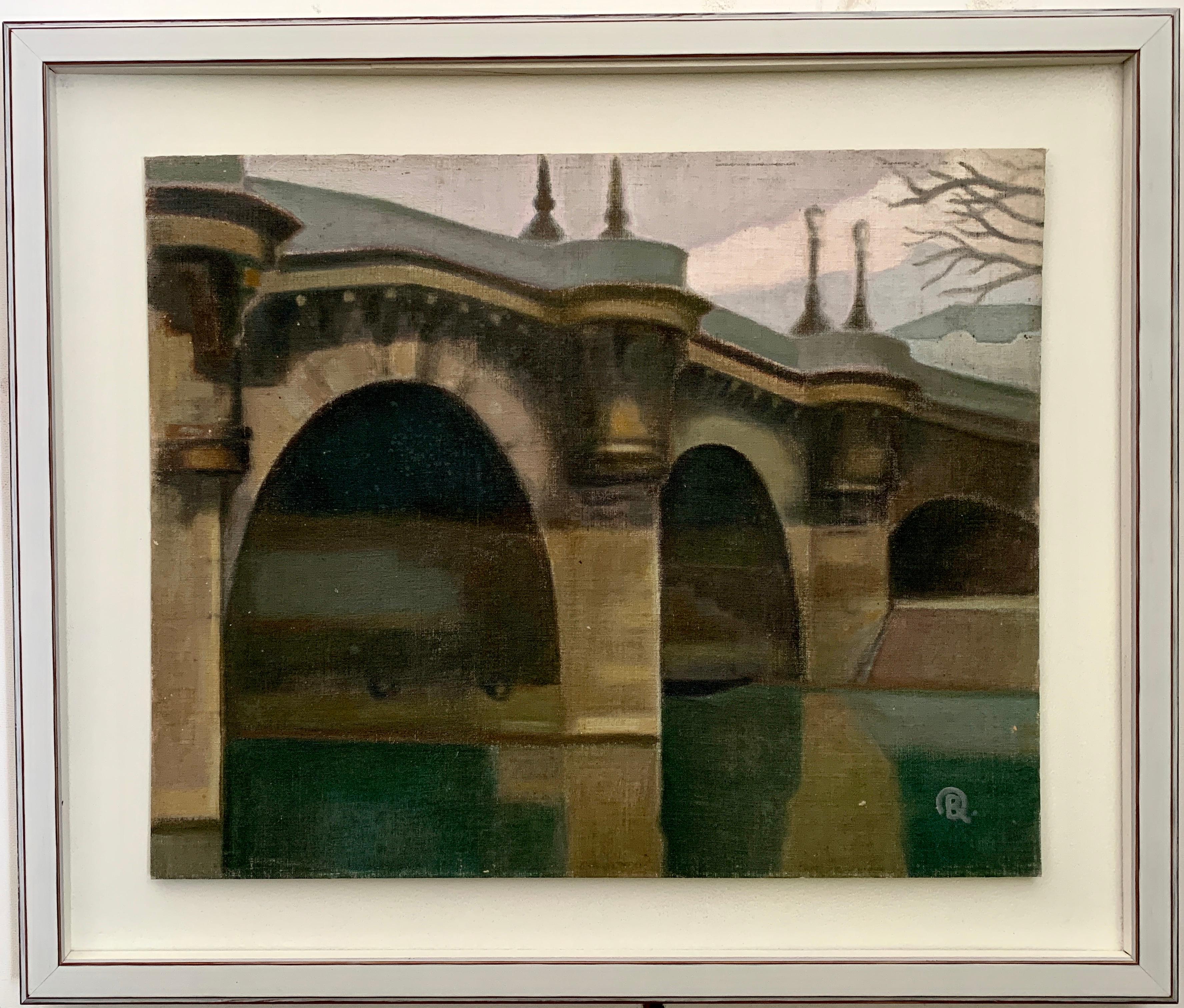 R.Debray Landscape Painting - Mid 20th century Impressionist,  A Bridge on the Seine in Paris, Le Pony Neuf