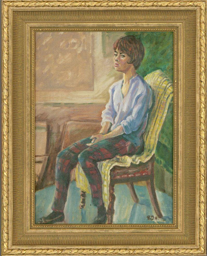 Un colorato ritratto a figura intera di Mrs. R. Harland seduta, con indosso pantaloni in tartan, presso The Old Archdeaconry, Rochester. La signora Harland ha uno sguardo cupo, disinteressato al processo artistico. Firmato in basso a destra. Ben