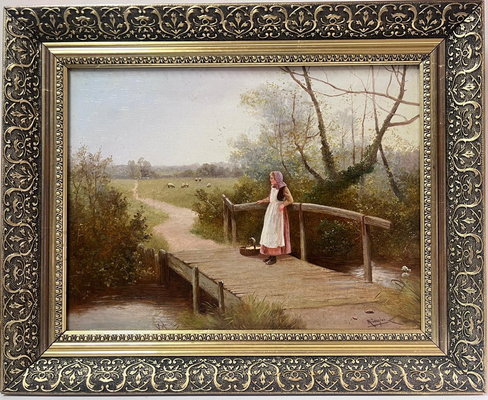 Pittura a olio britannica vittoriana firmata Ragazza di campagna su un ponte Paesaggio pastorale - Painting di R.Douglas