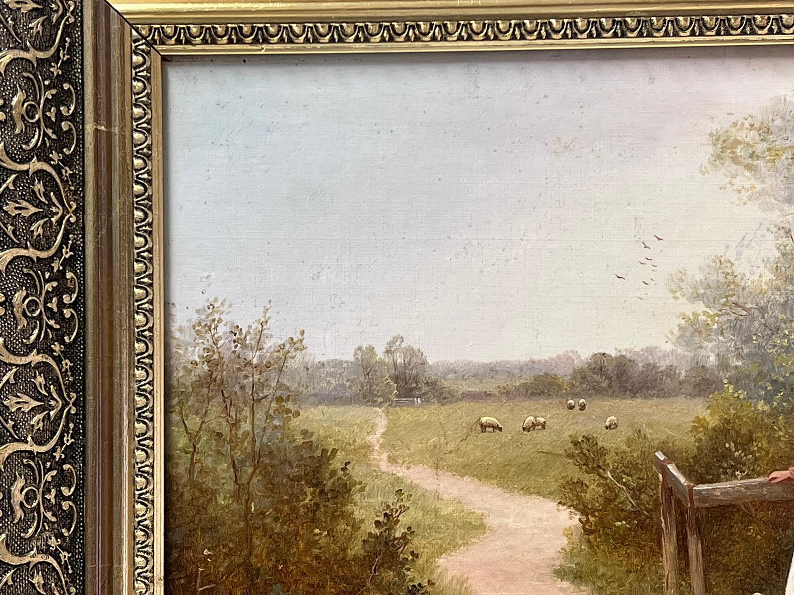 Pittura a olio britannica vittoriana firmata Ragazza di campagna su un ponte Paesaggio pastorale - Painting Vittoriano di R.Douglas