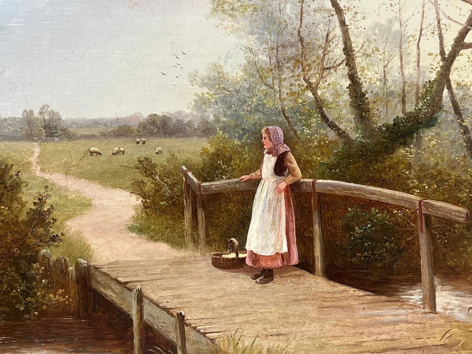 Pittura a olio britannica vittoriana firmata Ragazza di campagna su un ponte Paesaggio pastorale 1
