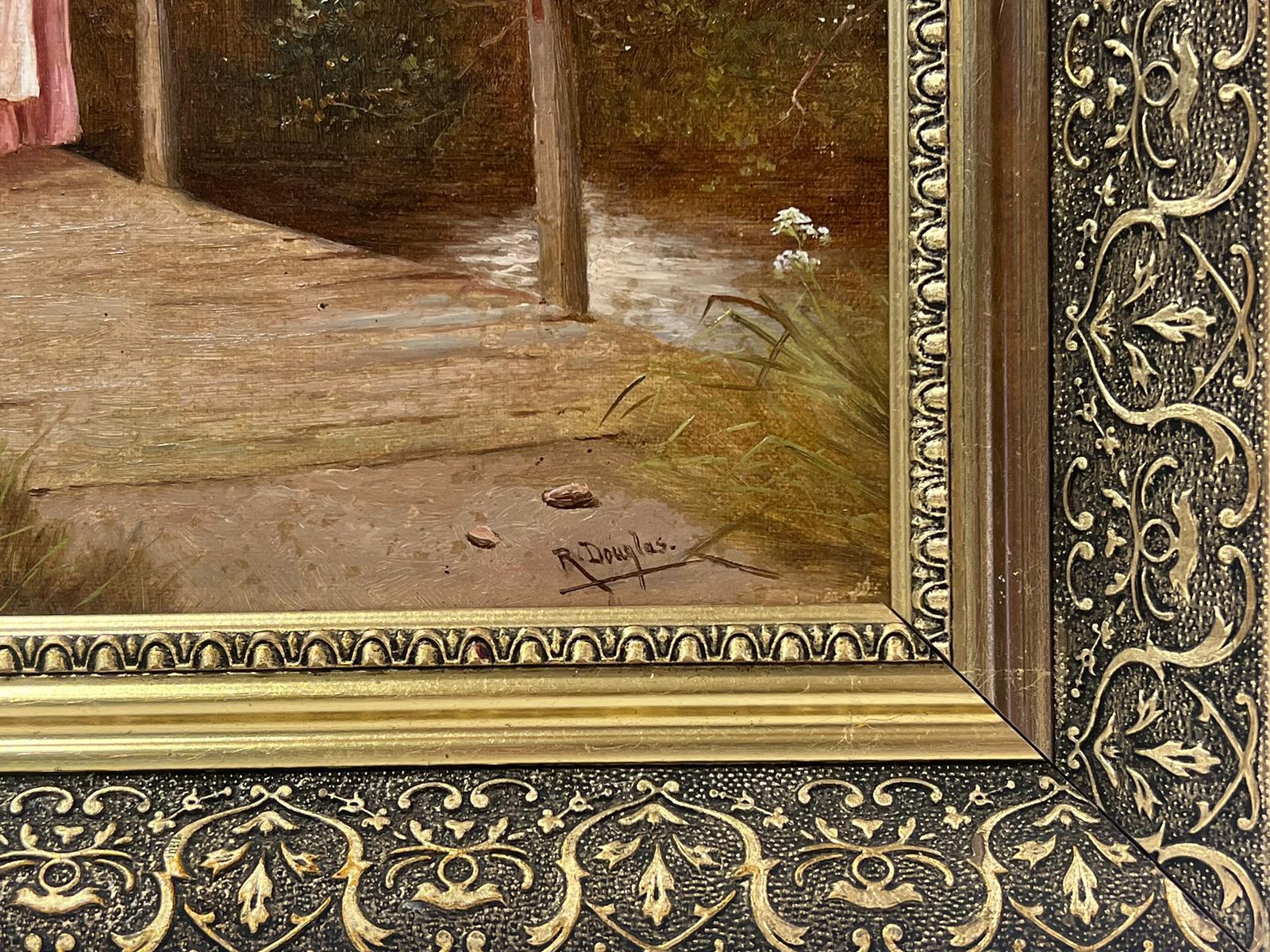 Pittura a olio britannica vittoriana firmata Ragazza di campagna su un ponte Paesaggio pastorale 2