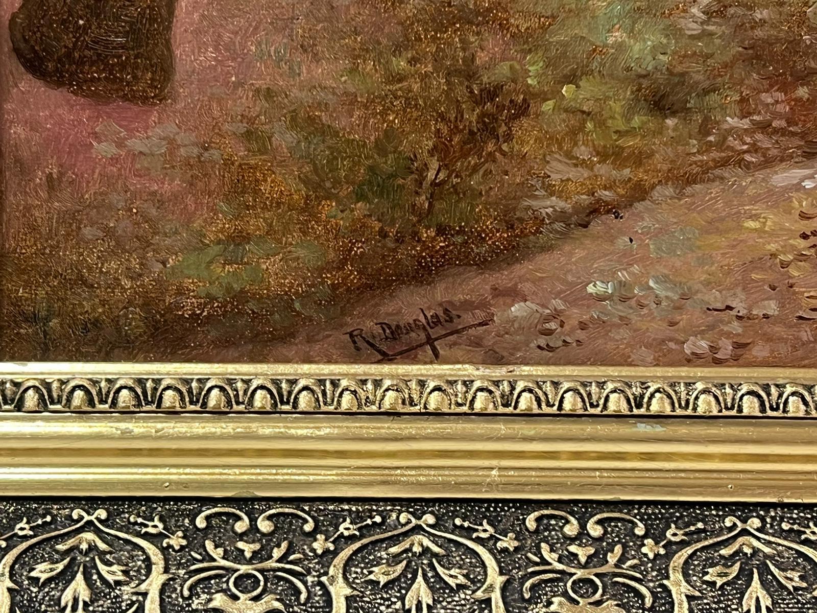 Pittura a olio britannica vittoriana firmata Ragazza di campagna su un ponte Paesaggio pastorale 3