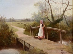 Pittura a olio britannica vittoriana firmata Ragazza di campagna su un ponte Paesaggio pastorale