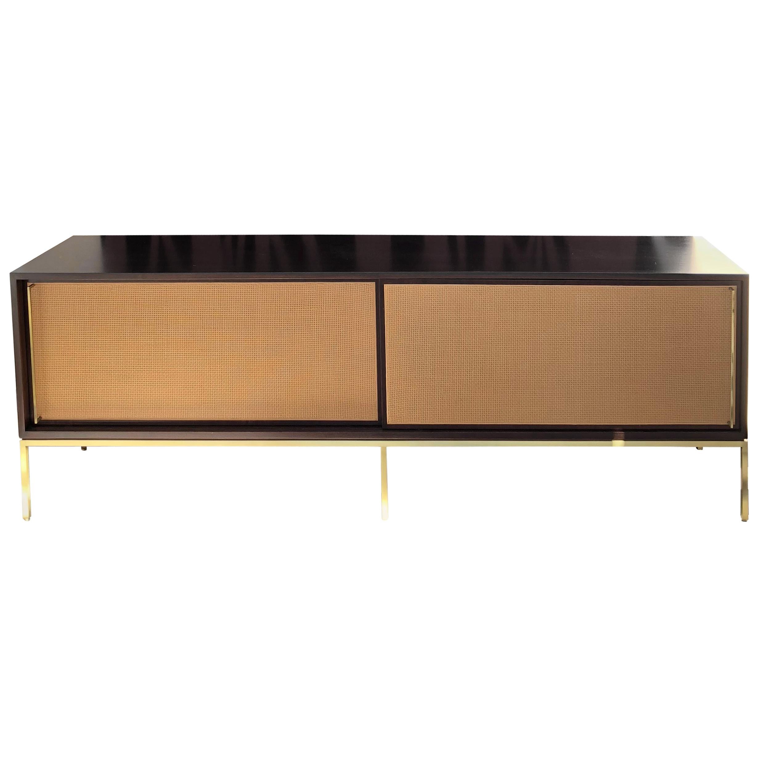 Re: 379 Credenza in Dark Walnut, Painted Cane and Satin Brass For Sale
