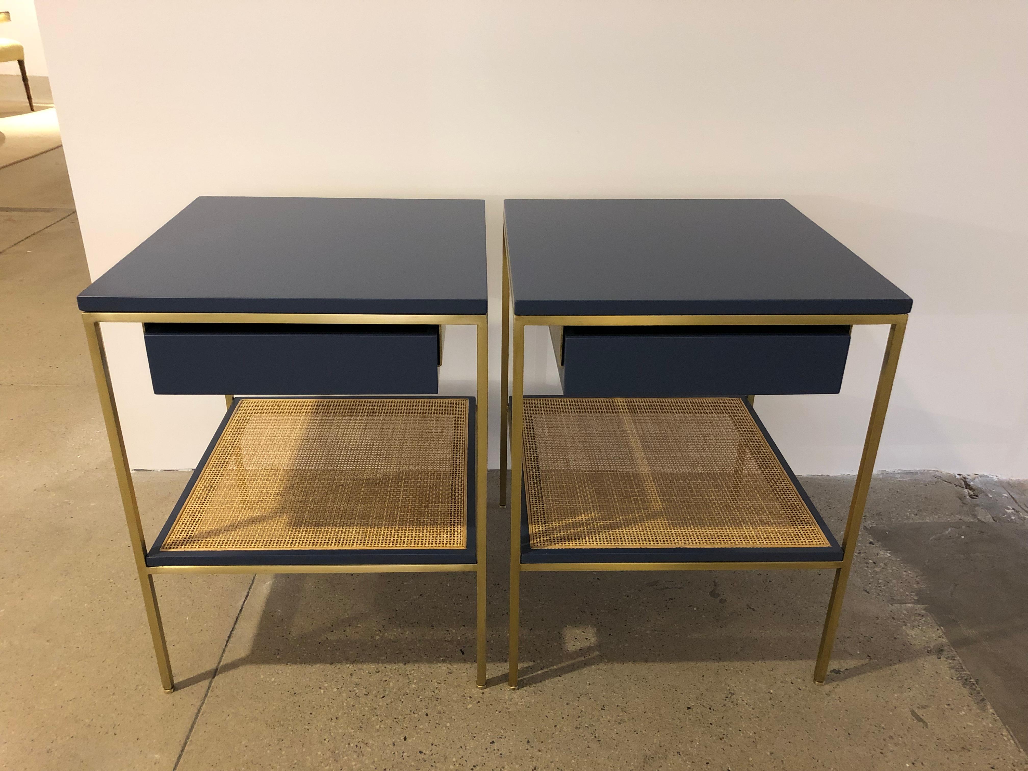 Minimalist Re 392 Bedside Table in Kensington Blue on Satin Brass Frame with Caned Shelf For Sale