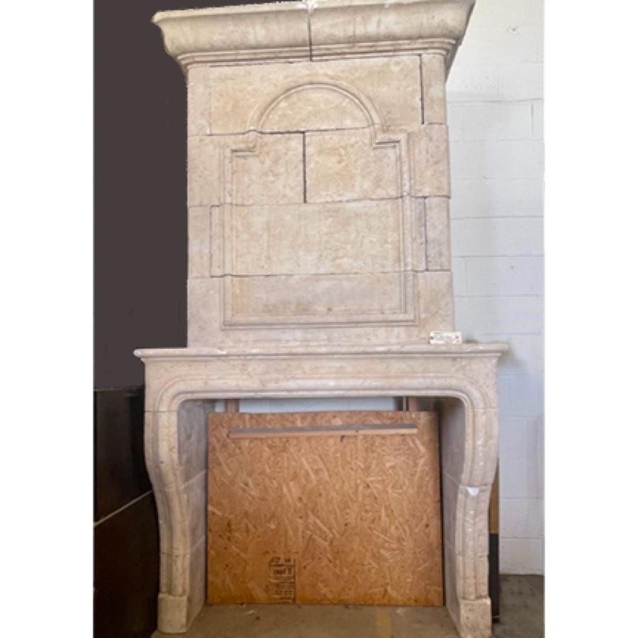 Carved Re-Edition French Limestone Fireplace with Trumeau For Sale