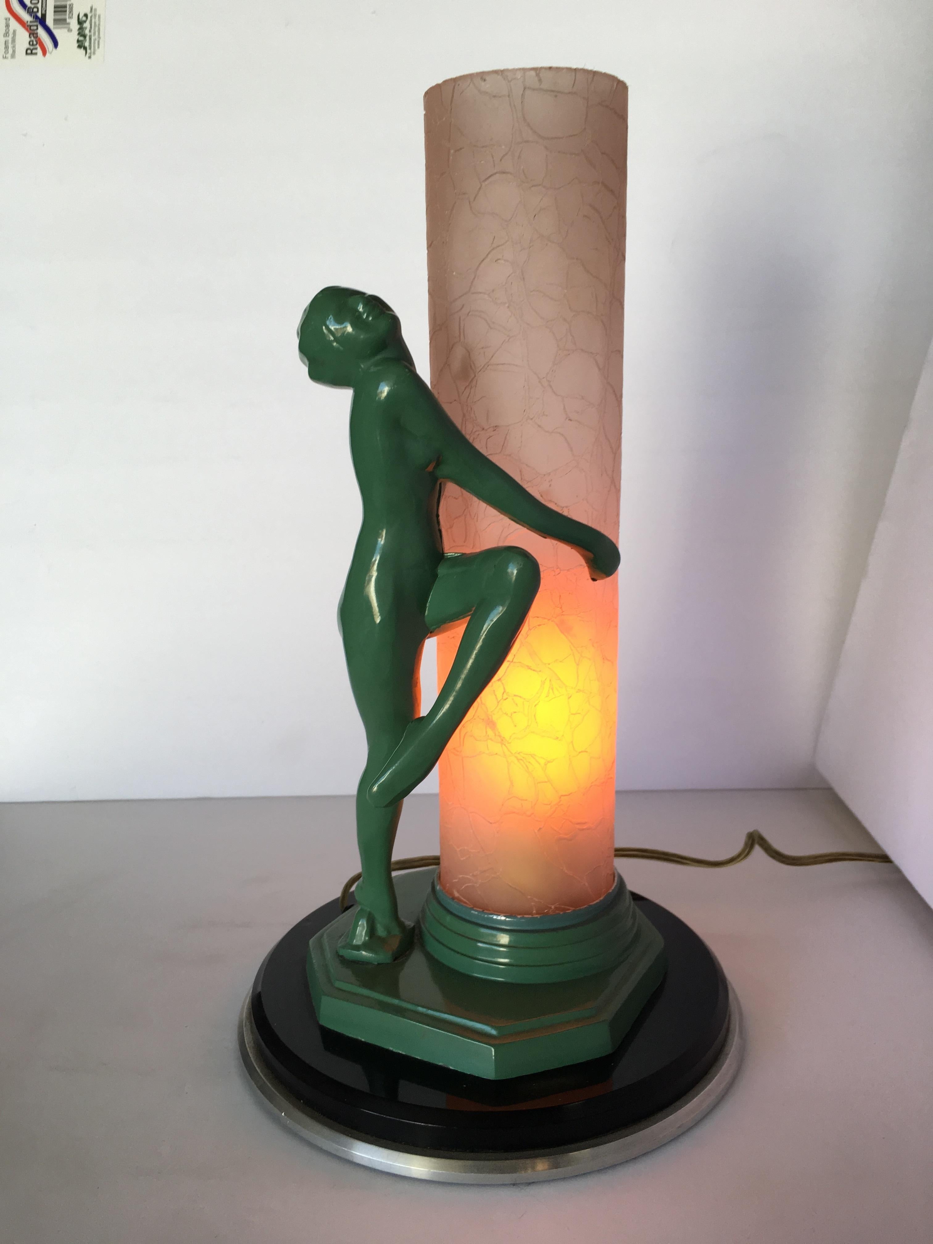 Re-Edition Nude Frankart F612 Lamp with Crackle Glass Shade In Excellent Condition For Sale In Van Nuys, CA