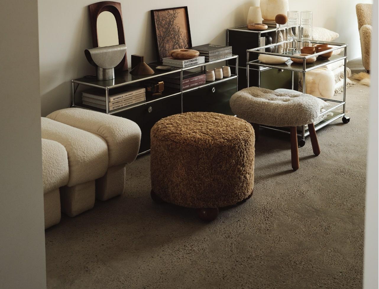 Scandinavian Modern Re-edition of Arnold Madsen Sheepskin Clam ottoman by Dagmar For Sale