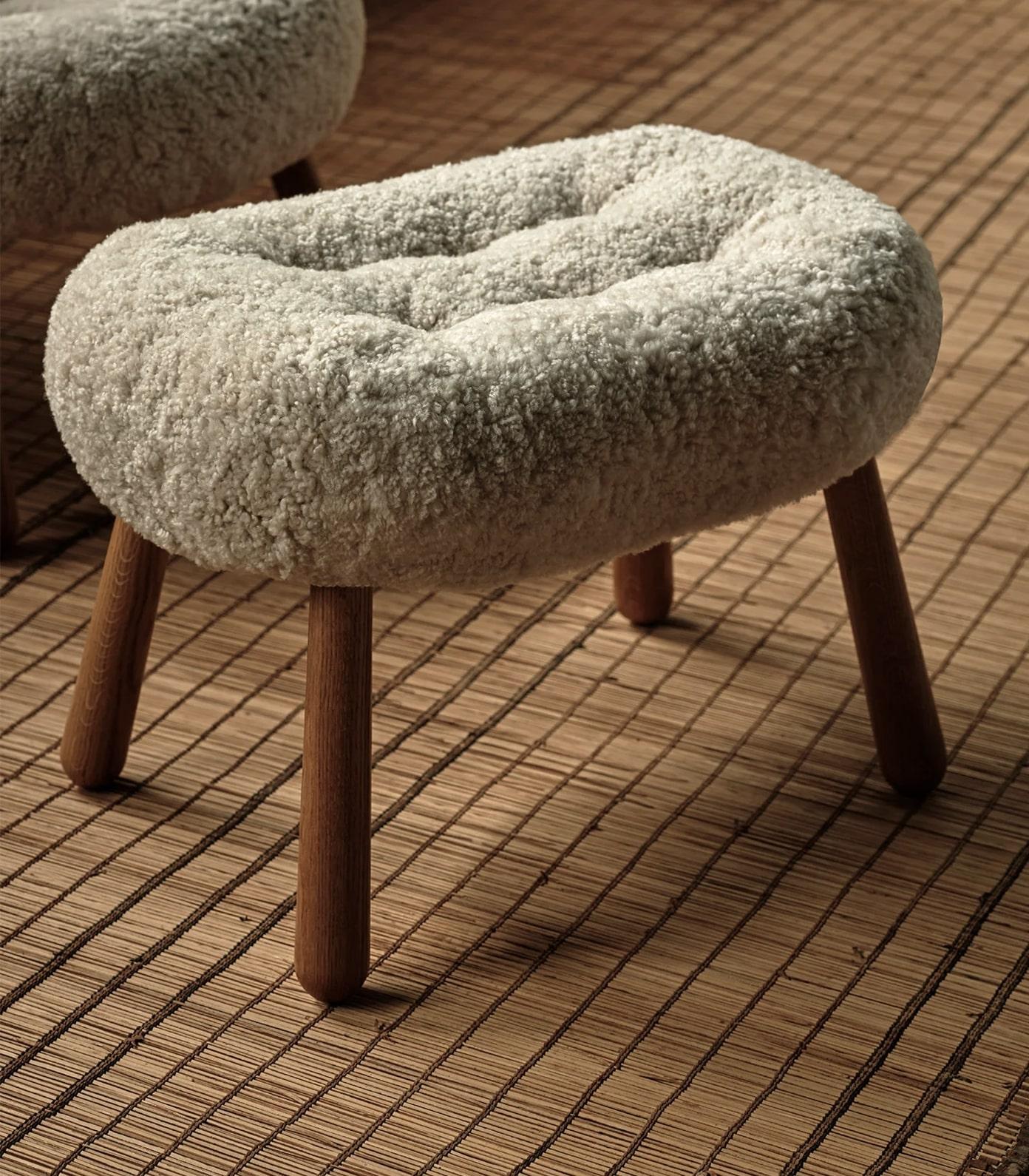 Swedish Re-edition of Arnold Madsen Sheepskin Clam ottoman by Dagmar For Sale