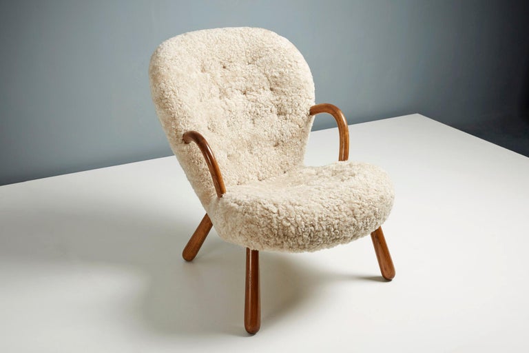 Walnut Re-Edition Sheepskin Clam Chair by Arnold Madsen For Sale