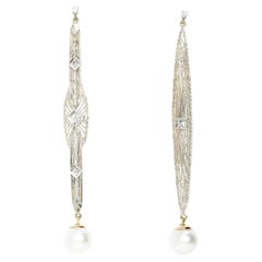 Re-invented 1900s Diamond & South Sea Pearl Earrings 14 Carat Gold Platinum