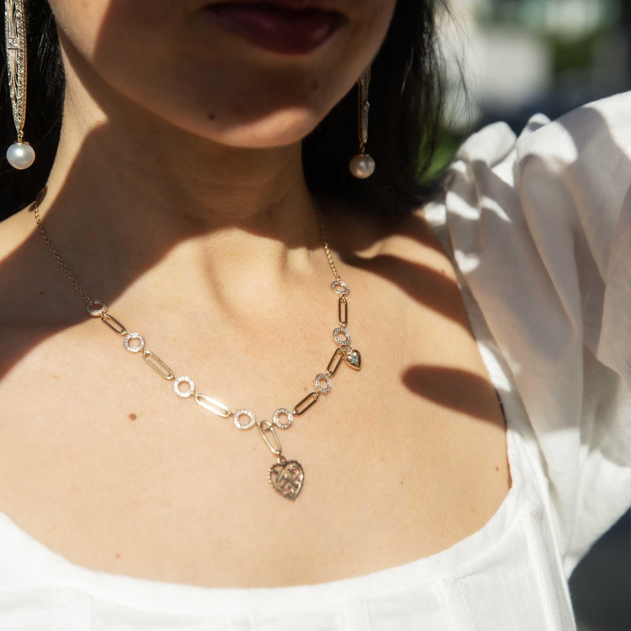 Single Cut Re-invented Vintage Dual Heart Diamond Necklace 9 Carat Yellow Gold