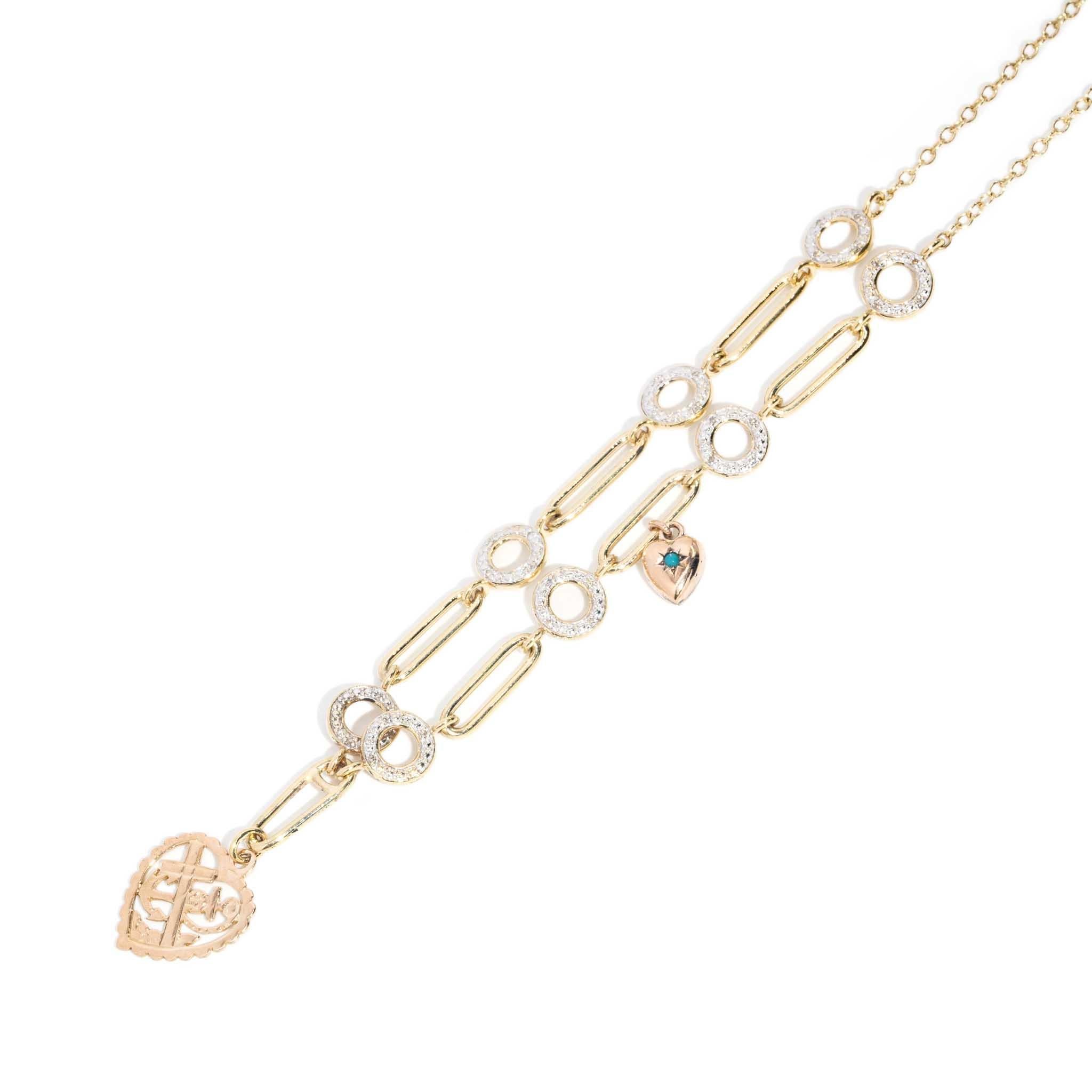 Re-invented Vintage Dual Heart Diamond Necklace 9 Carat Yellow Gold In Good Condition In Hamilton, AU