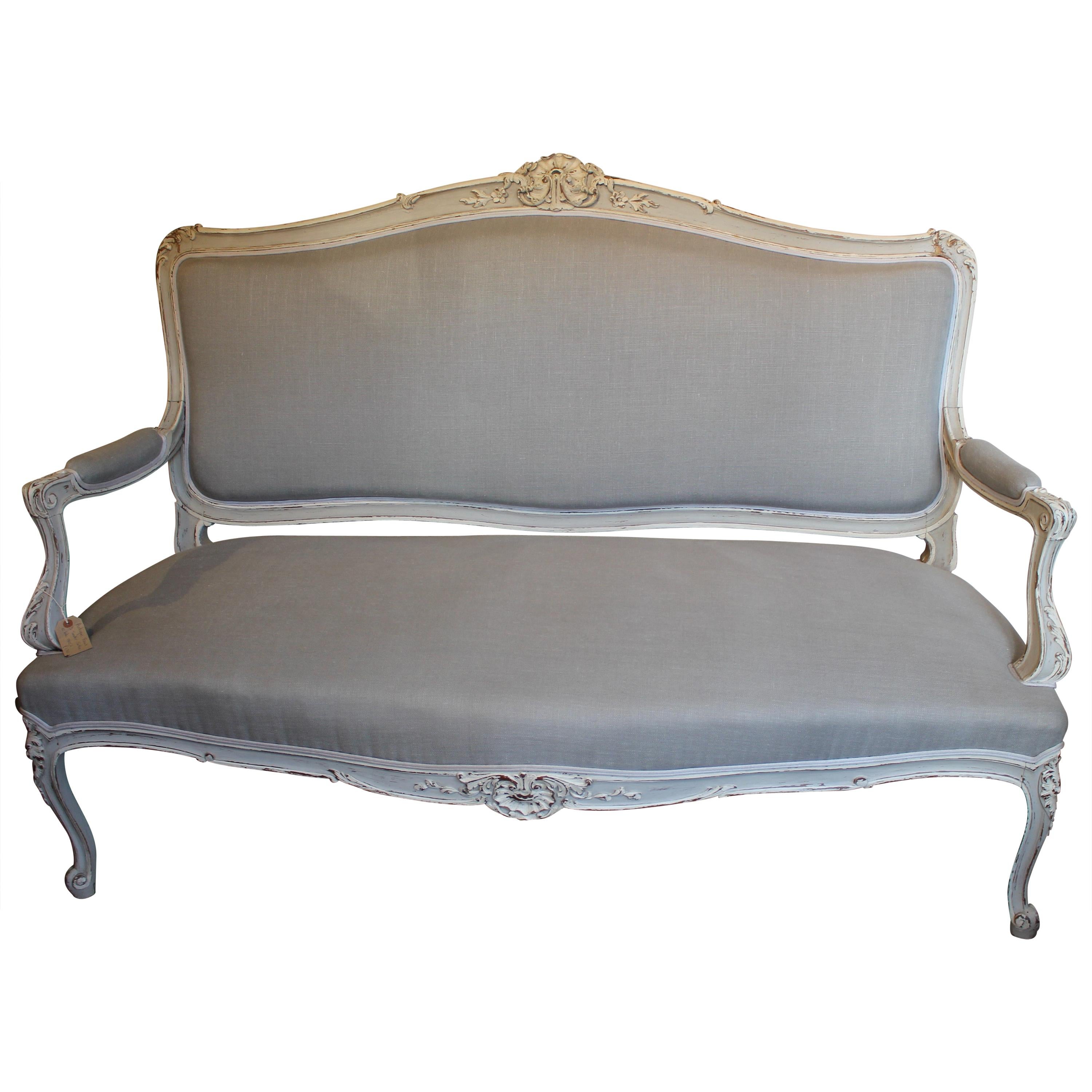 Re-Upholstered Antique Large French Carved Painted 3-Seat Canapé or Sofa For Sale