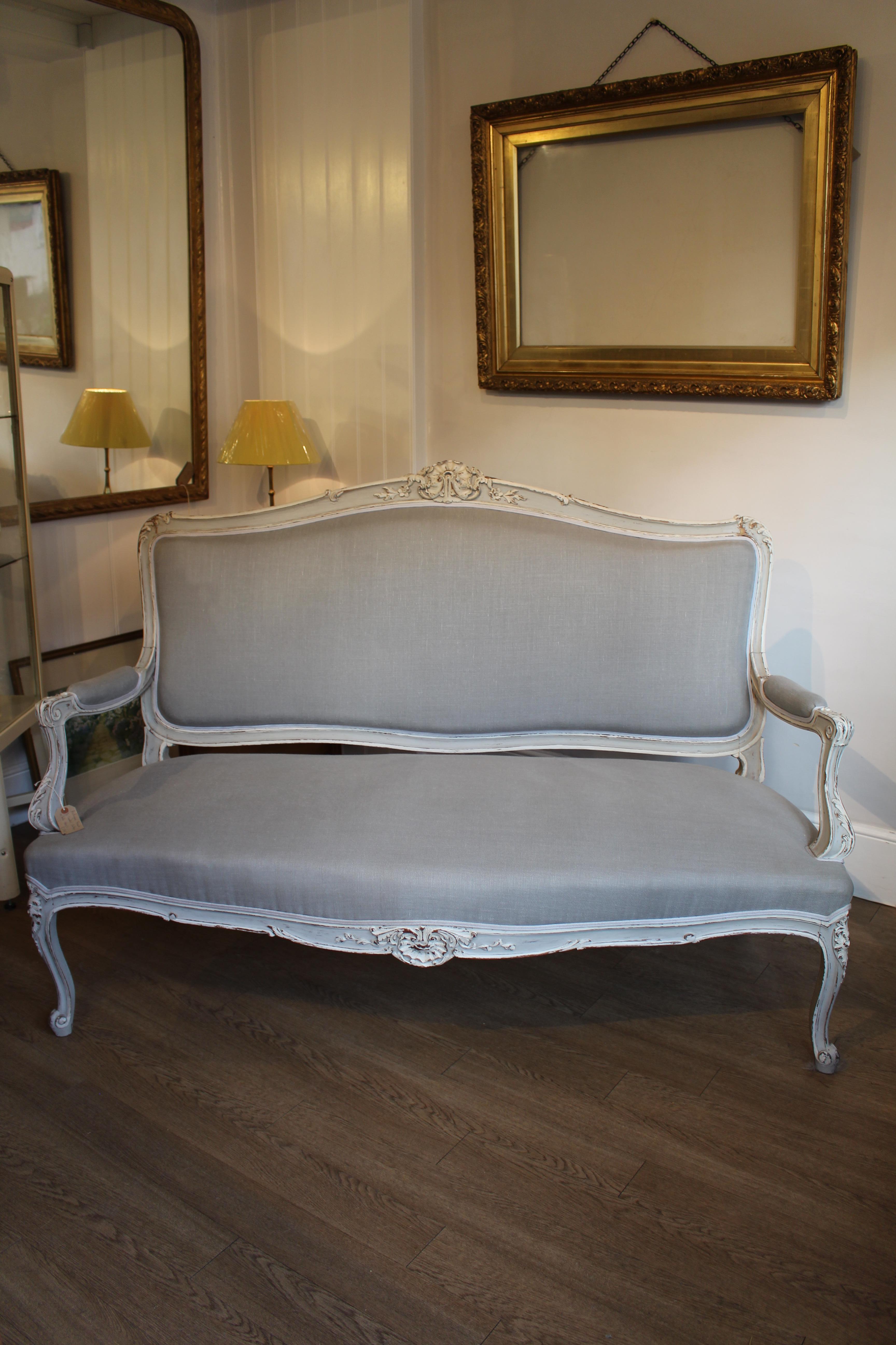 Re-Upholstered Antique Large French Carved Painted 3-Seat Canapé or Sofa For Sale 3