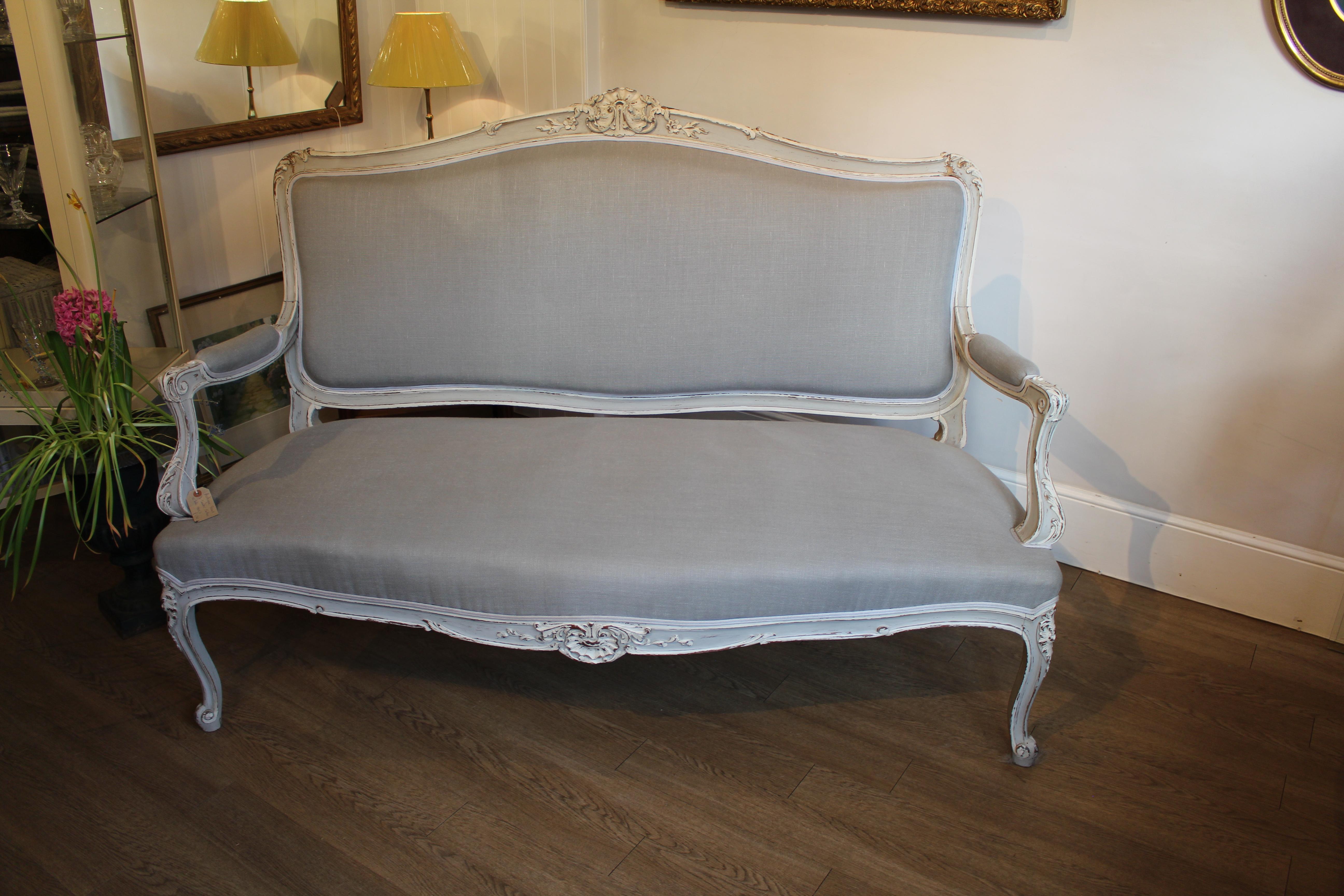 Re-Upholstered Antique Large French Carved Painted 3-Seat Canapé or Sofa For Sale 4