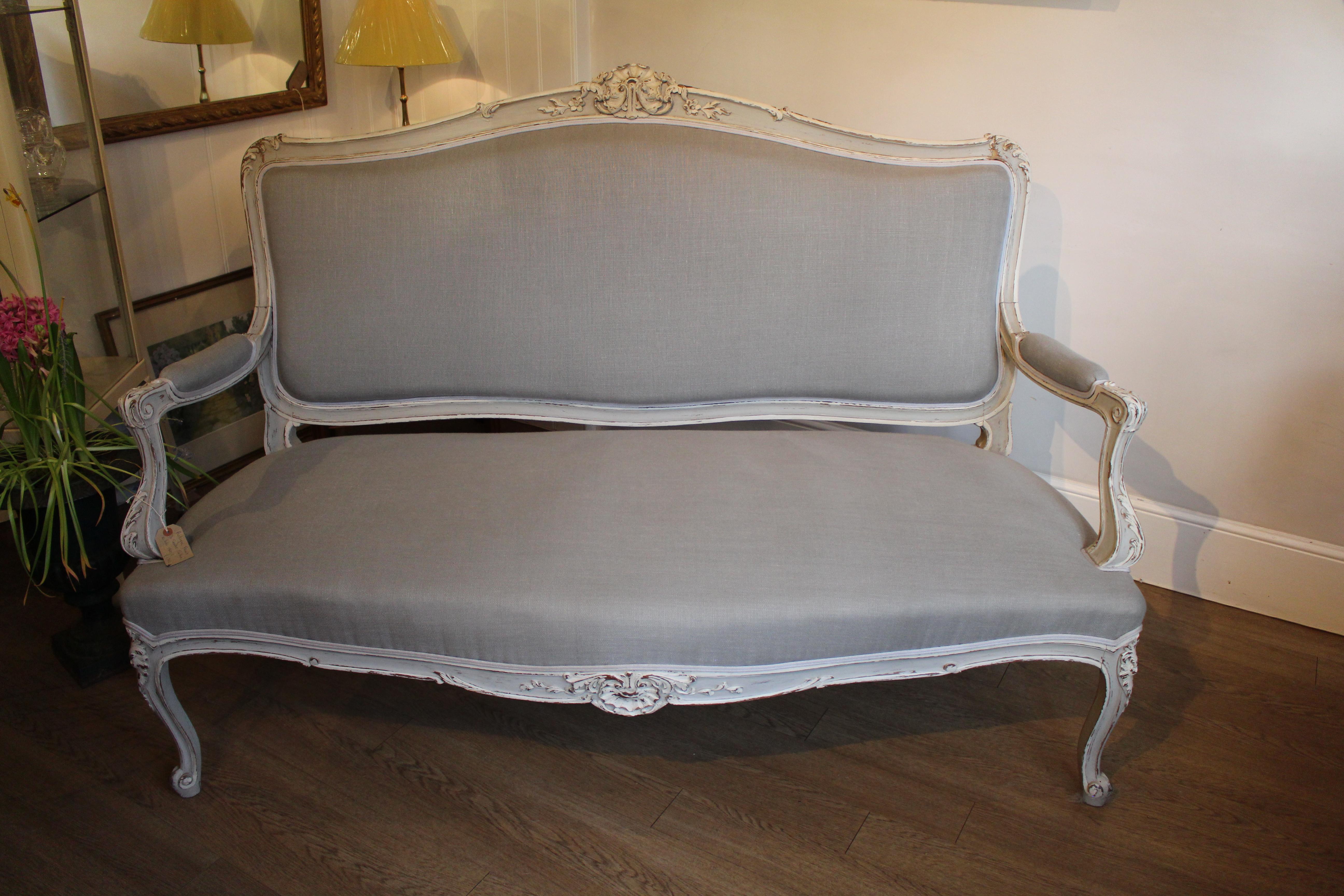 Re-Upholstered Antique Large French Carved Painted 3-Seat Canapé or Sofa For Sale 5