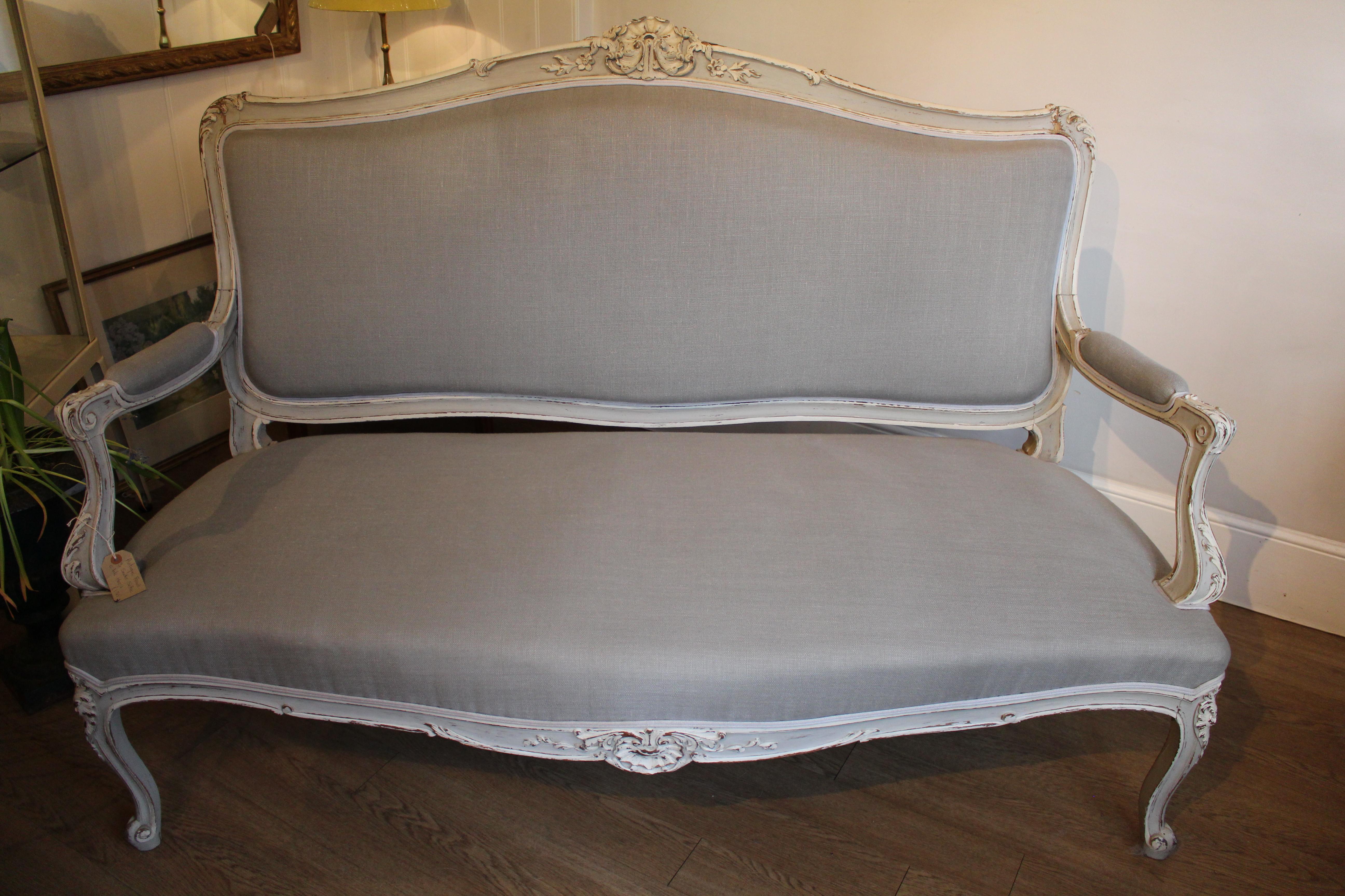 Re-Upholstered Antique Large French Carved Painted 3-Seat Canapé or Sofa For Sale 6