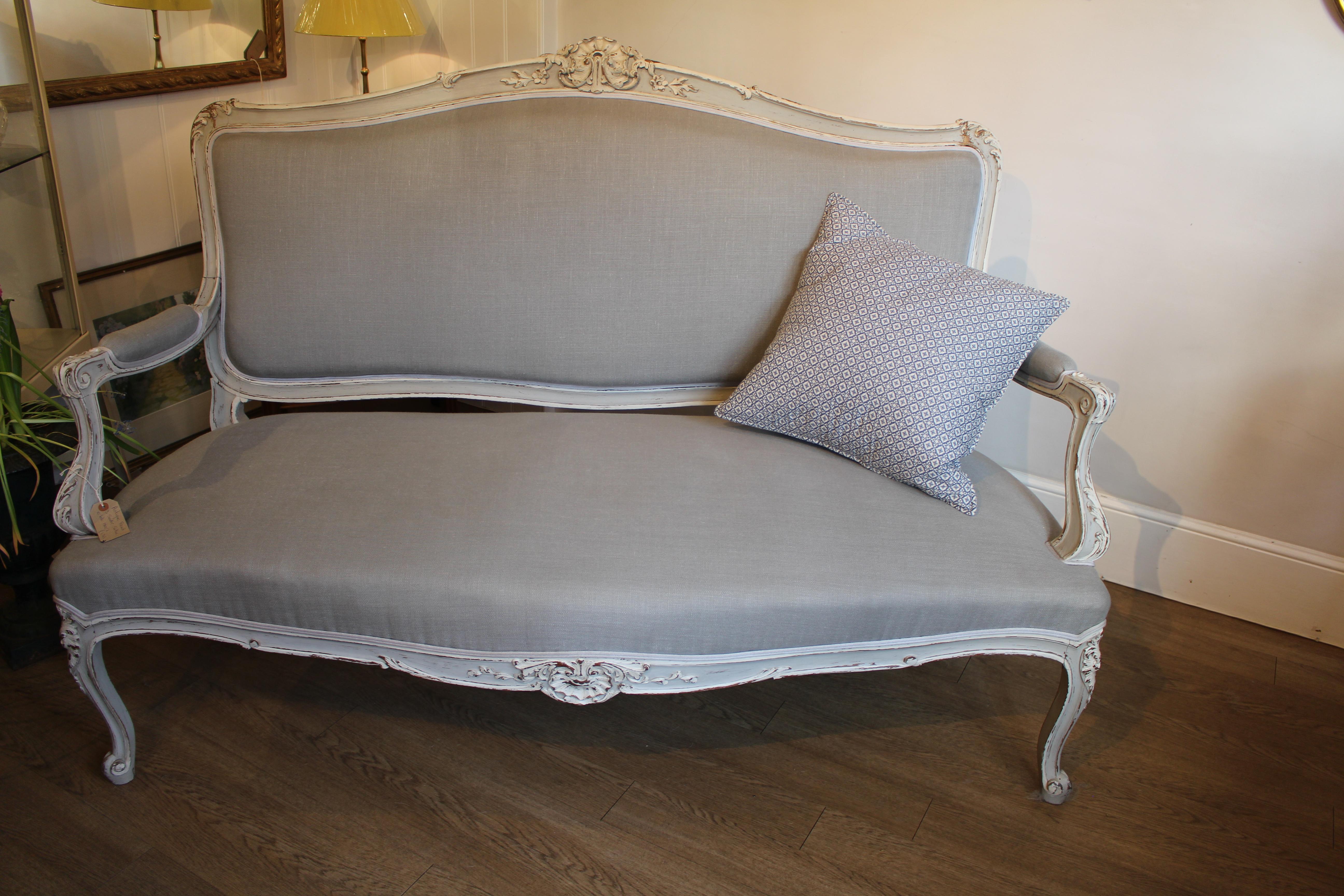 Re-Upholstered Antique Large French Carved Painted 3-Seat Canapé or Sofa For Sale 7
